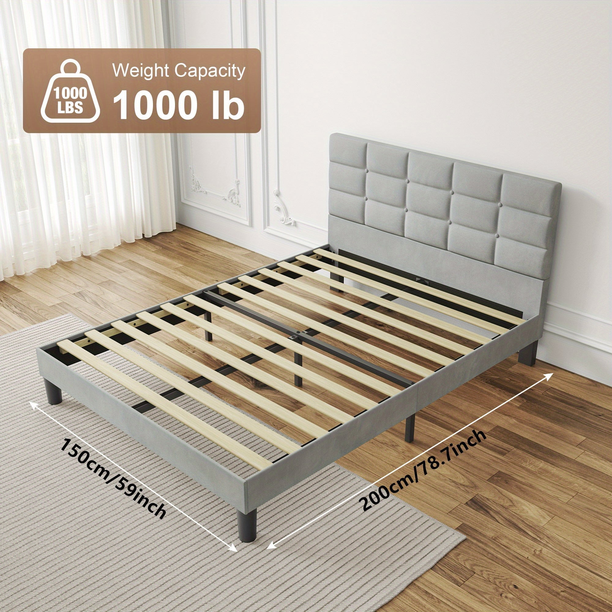 Platform Bed Frame with Velvet Headboard Slats - Light Grey, King (150x200cm) option