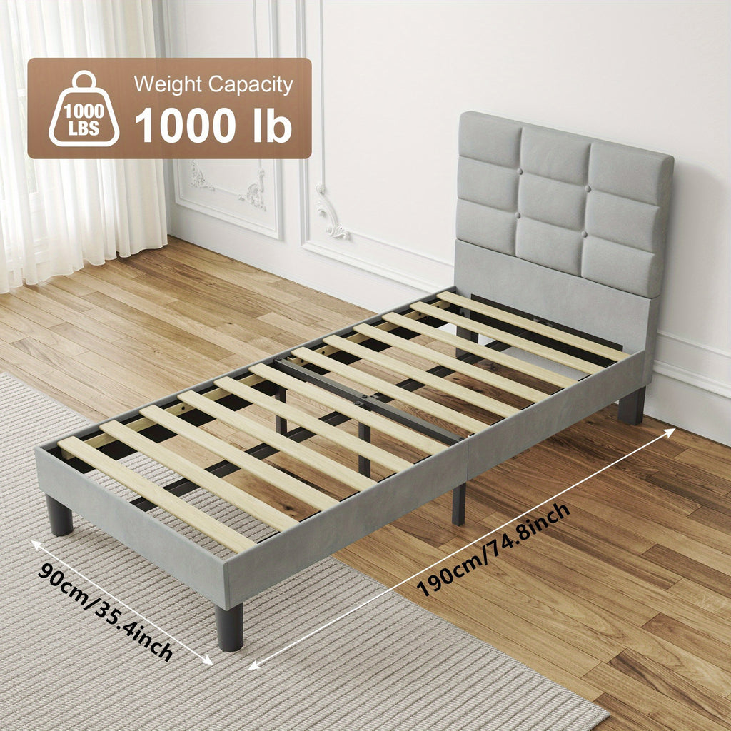 Platform Bed Frame with Velvet Headboard Slats - Light Grey, Single (90x190cm) option