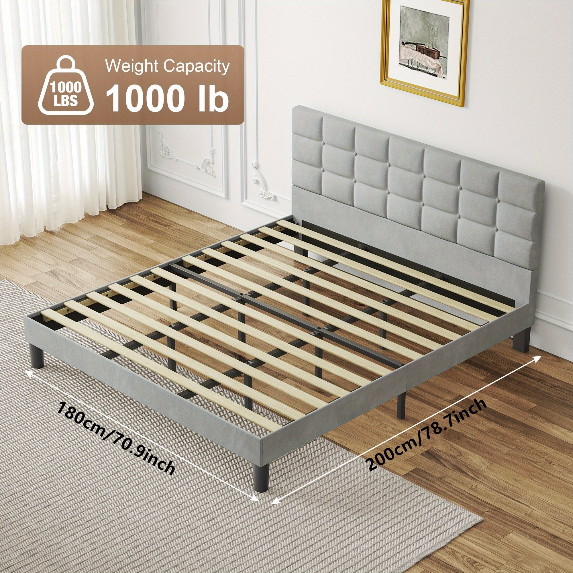 Platform Bed Frame with Velvet Headboard Slats - Light Grey, Super King (180x200cm) option