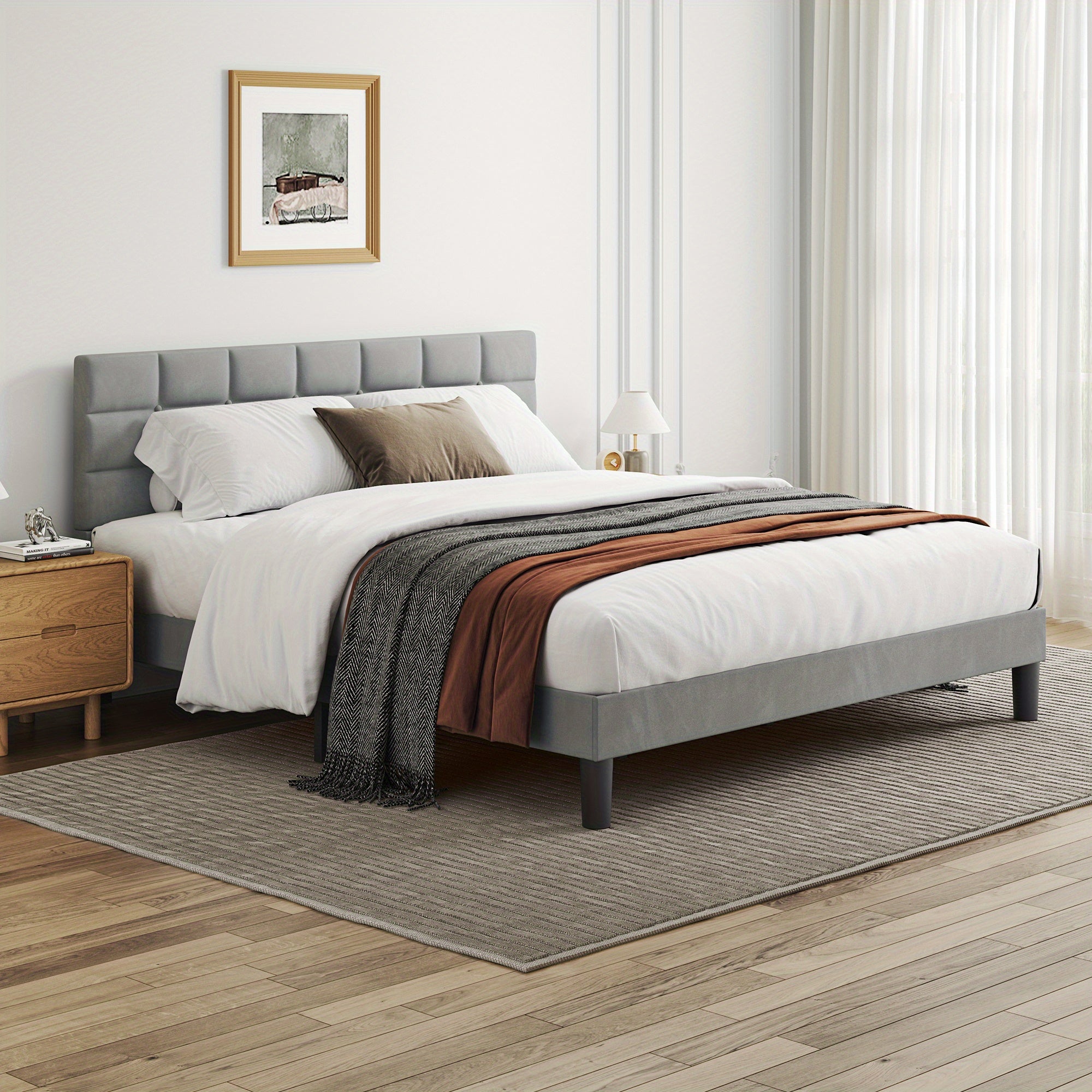 Platform Bed Frame with Velvet Headboard Slats
