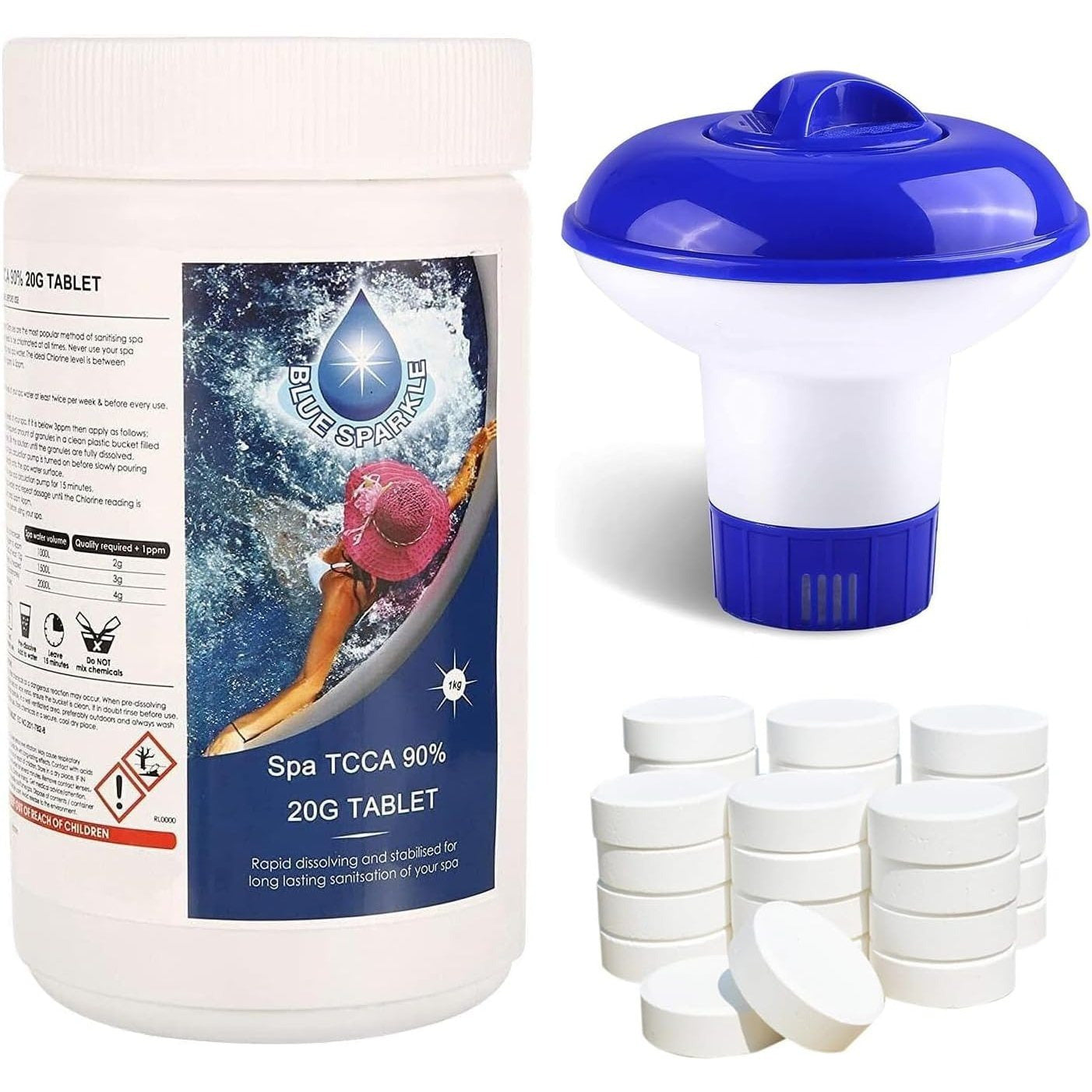 Pool Chemical with 20g, 1KG, Chlorine Tablets Hot Tubs, Spas Swimming - 1Kg Chlorine Tablets + Dispenser option