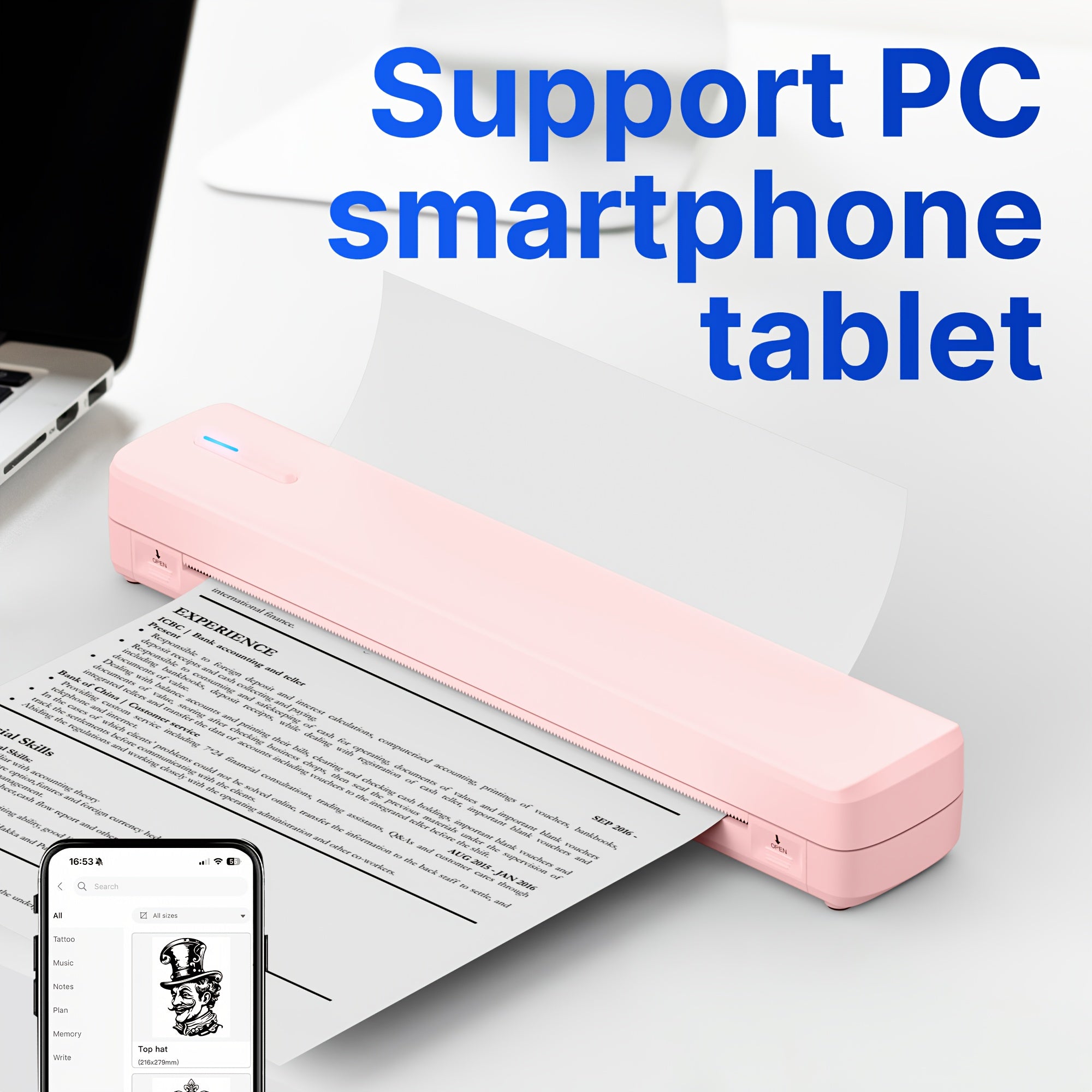 Portable Thermal Printer with Wireless, Mini A4 Wireless No Ink D810B - pink option
