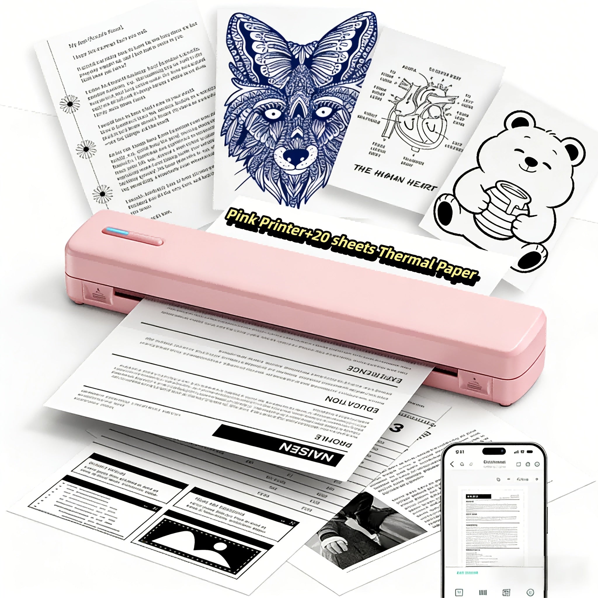 Printers & Label Maker D810B Portable A4 Thermal Printer Wireless - Pink+20 sheets Thermal Paper option