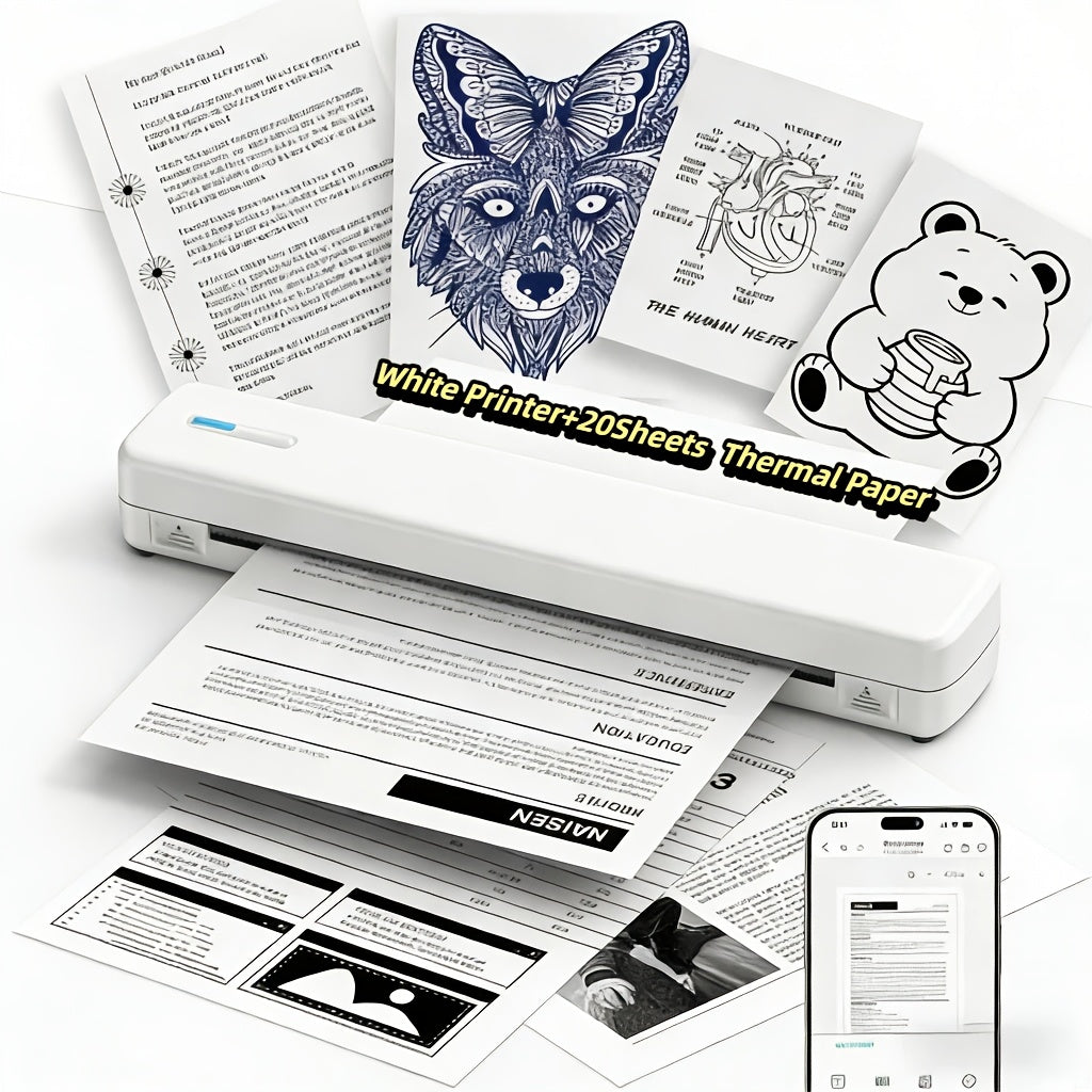 Printers & Label Maker D810B Portable A4 Thermal Printer Wireless - White+20 sheets Thermal Paper option