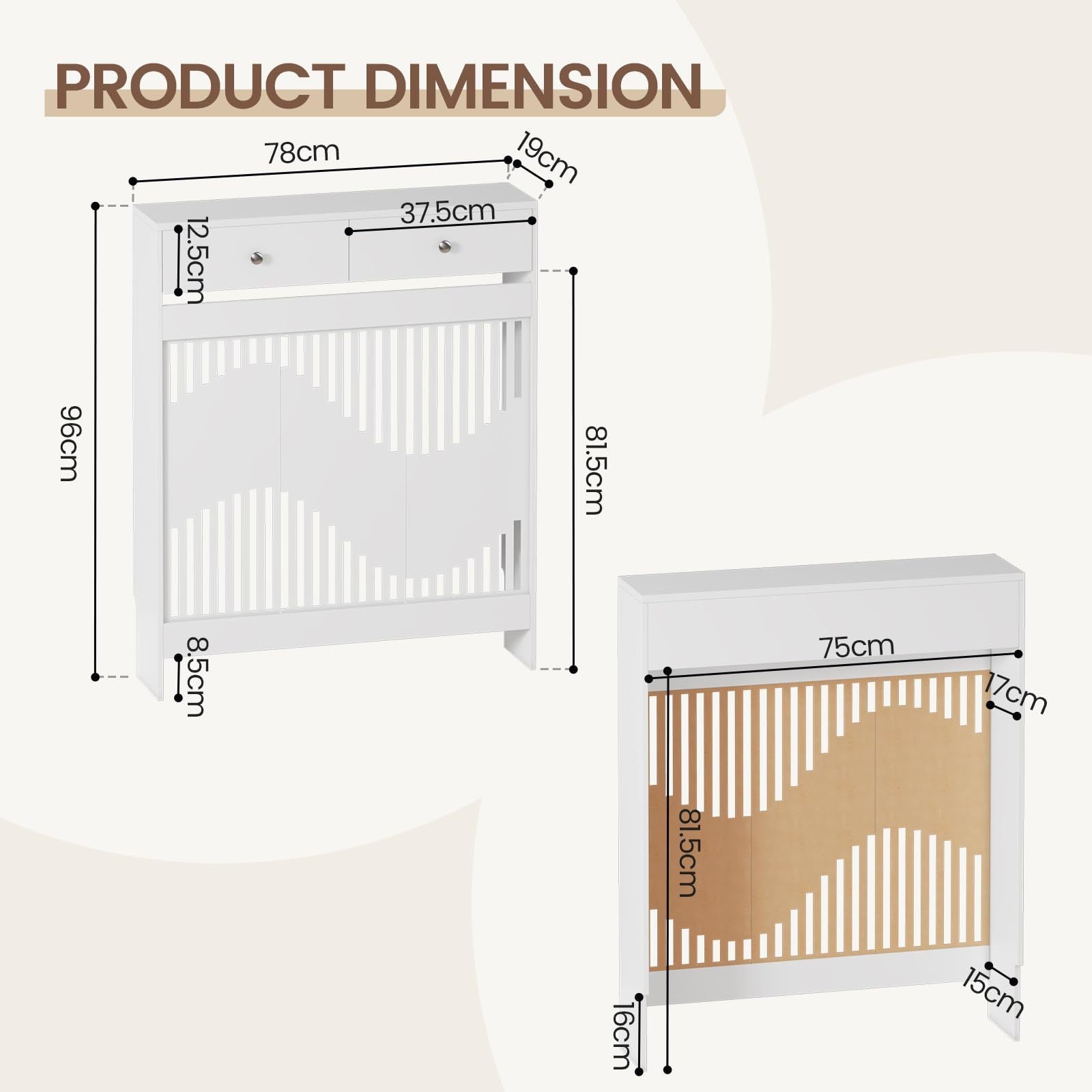Radiator Cover with 78cm, 109cm, Wood, White MDF Drawers Storage Modern Contemporary - product gallery image 2