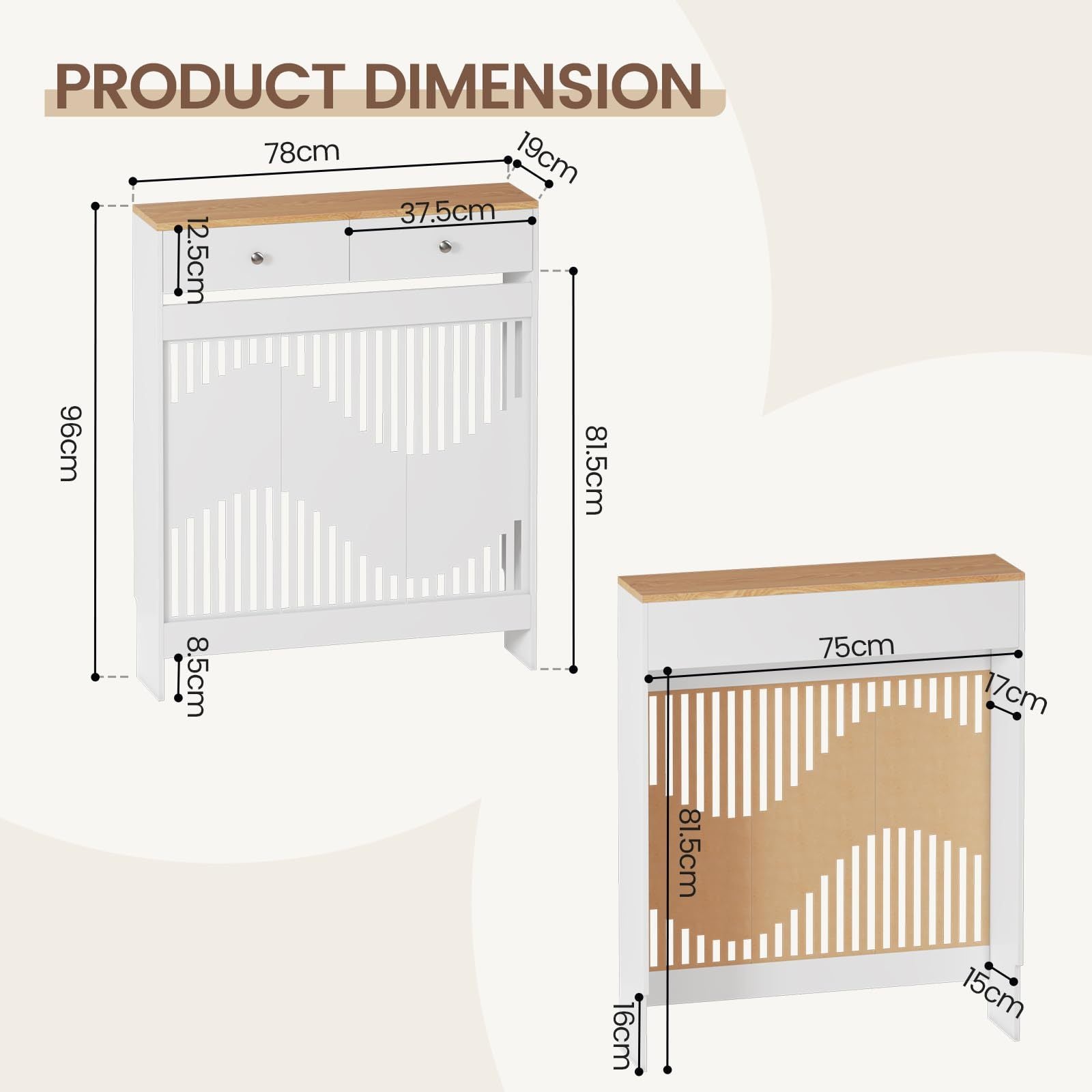 Radiator Cover with 78cm, 109cm, Wood, White MDF Drawers Storage Modern Contemporary - product gallery image 4