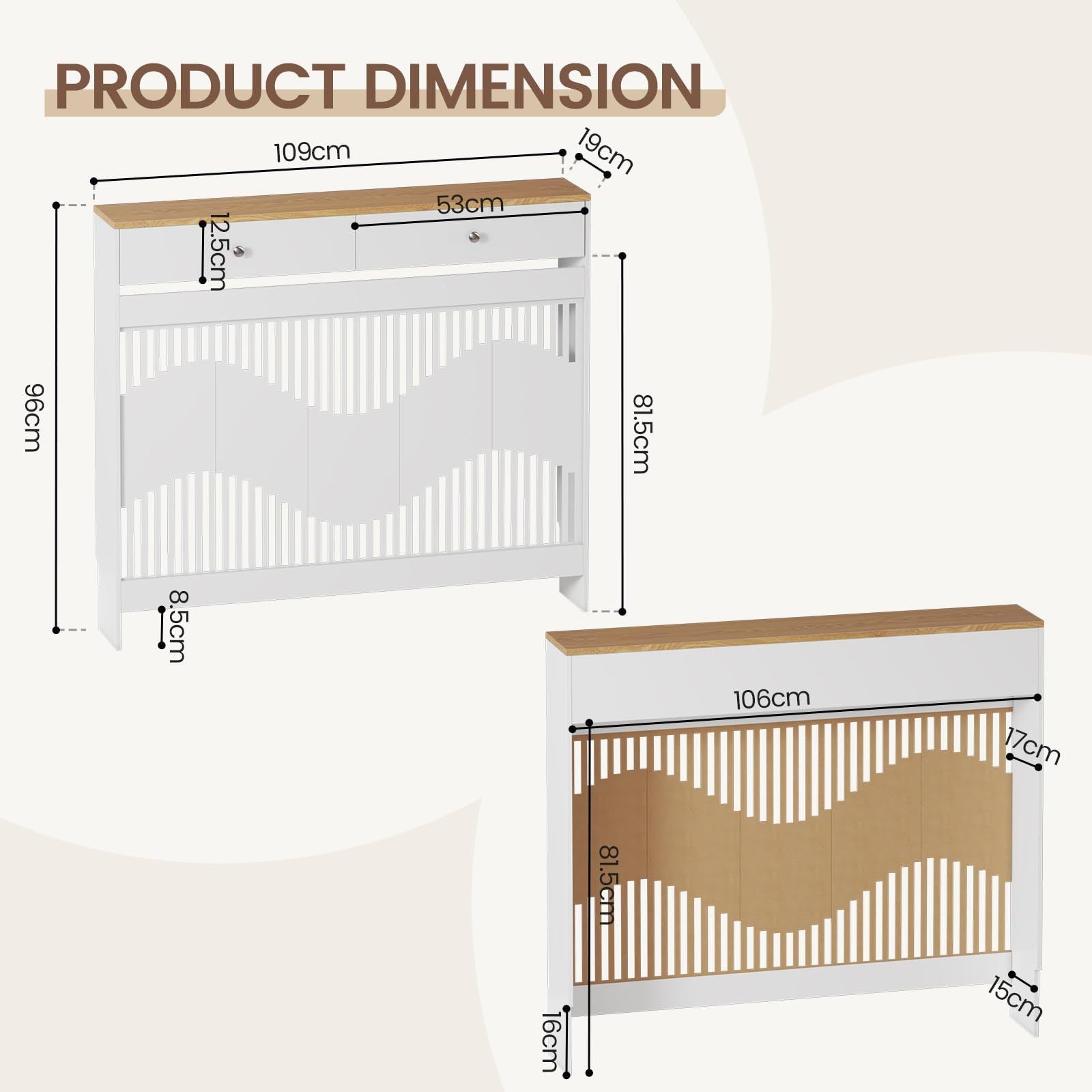 Radiator Cover with 78cm, 109cm, Wood, White MDF Drawers Storage Modern Contemporary - product gallery image 6