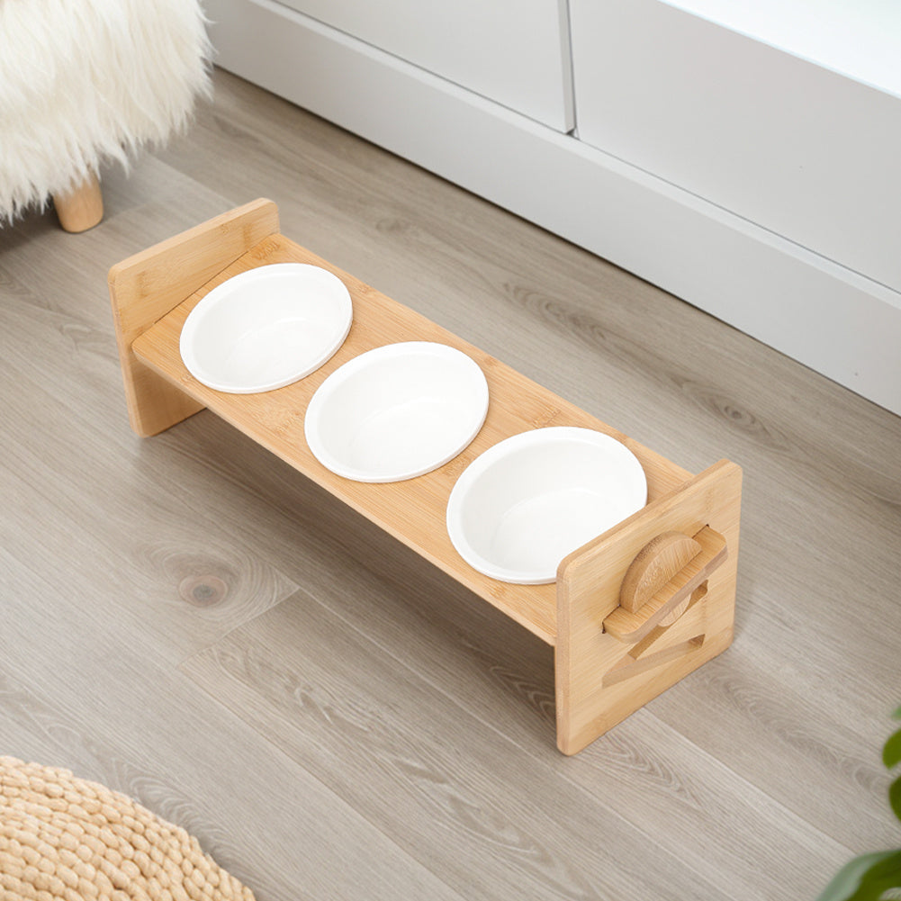 Raised Pet Bowl with Adjustable Height, Bamboo, Adjustable Bamboo Cat Bowls One or - 3 Bowls option