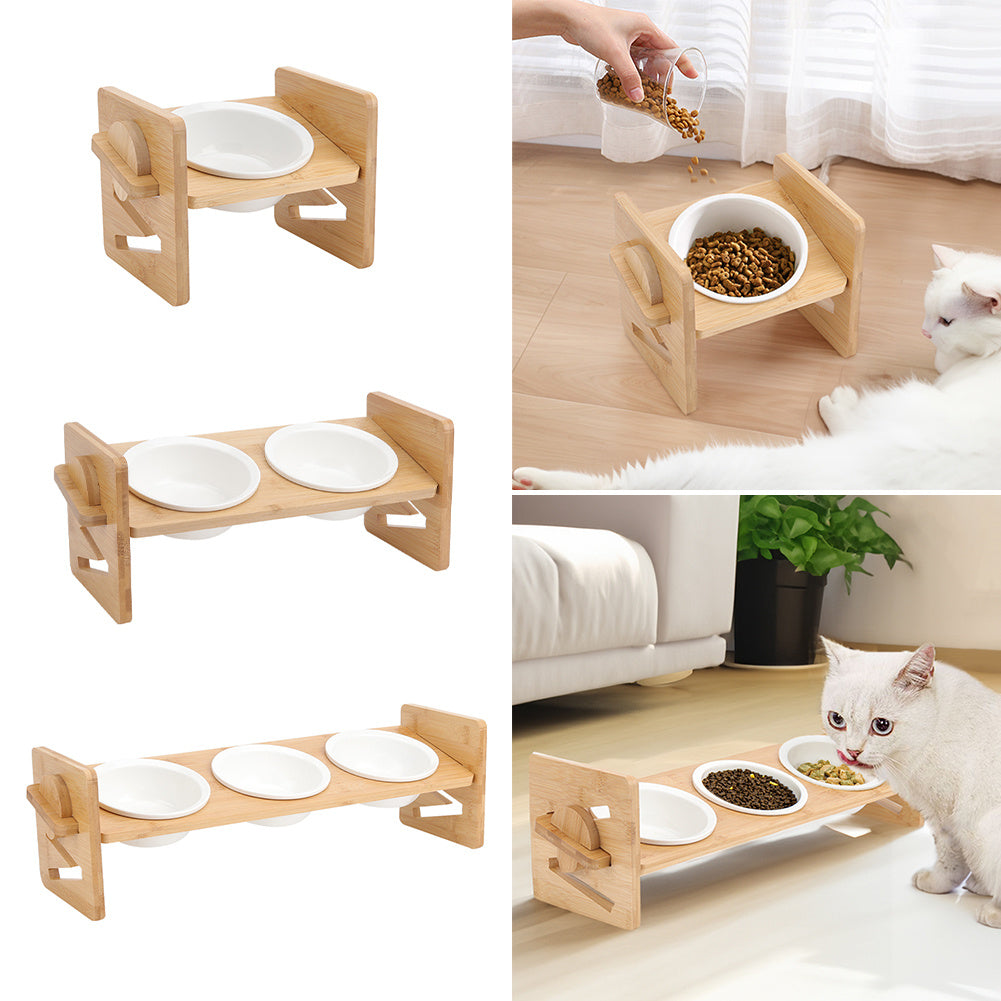 Raised Pet Bowl with Adjustable Height, Bamboo, Adjustable Bamboo Cat Bowls One or