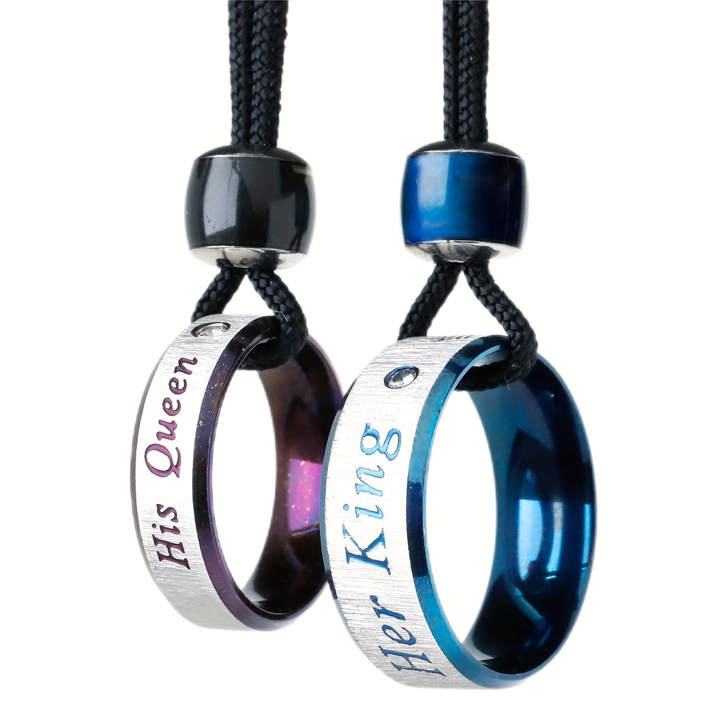 Ring Her King His Queen Couple Necklace with Waterproof, Stainless Steel - Blue Purple LOVE option