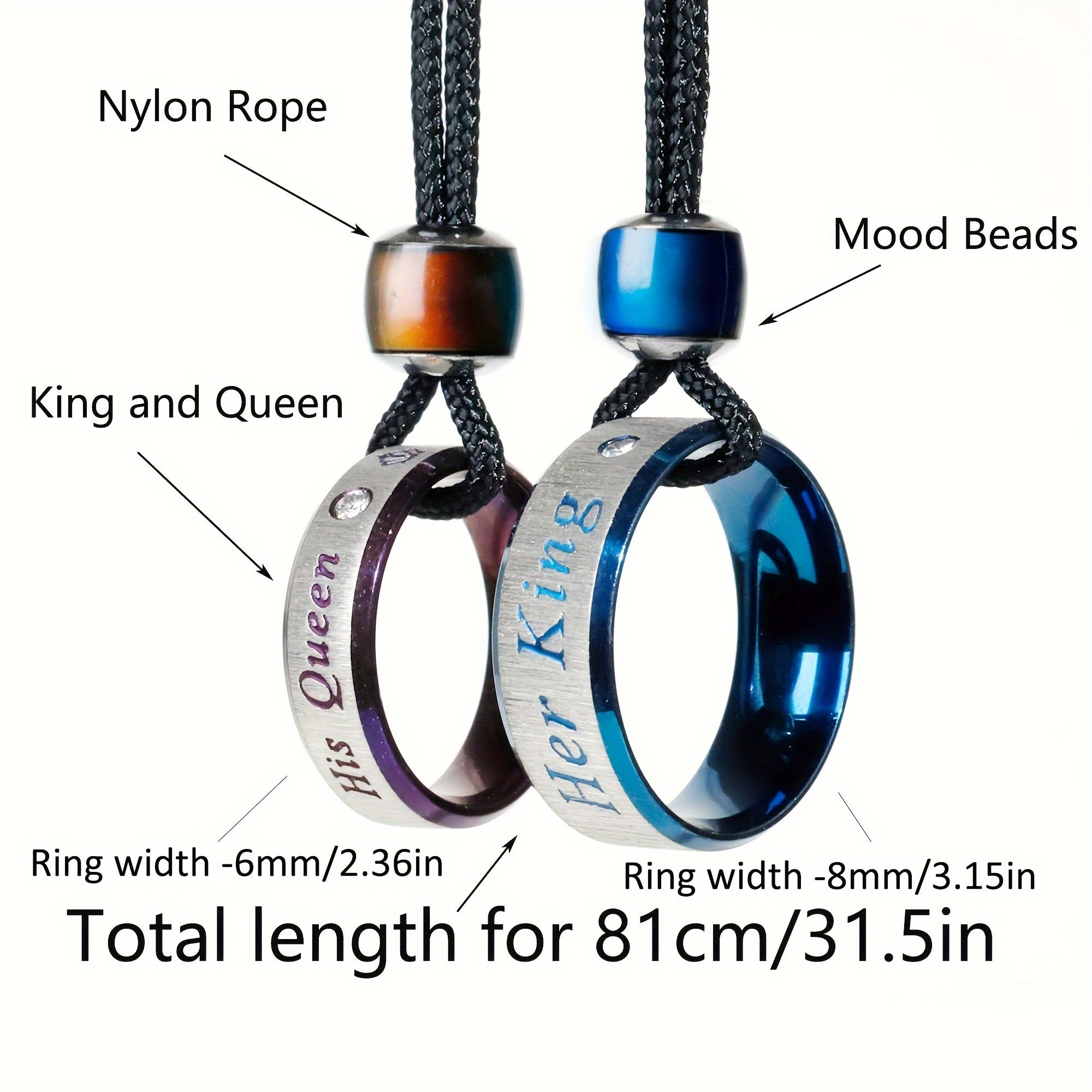 Ring Her King His Queen Couple Necklace with Waterproof, Stainless Steel