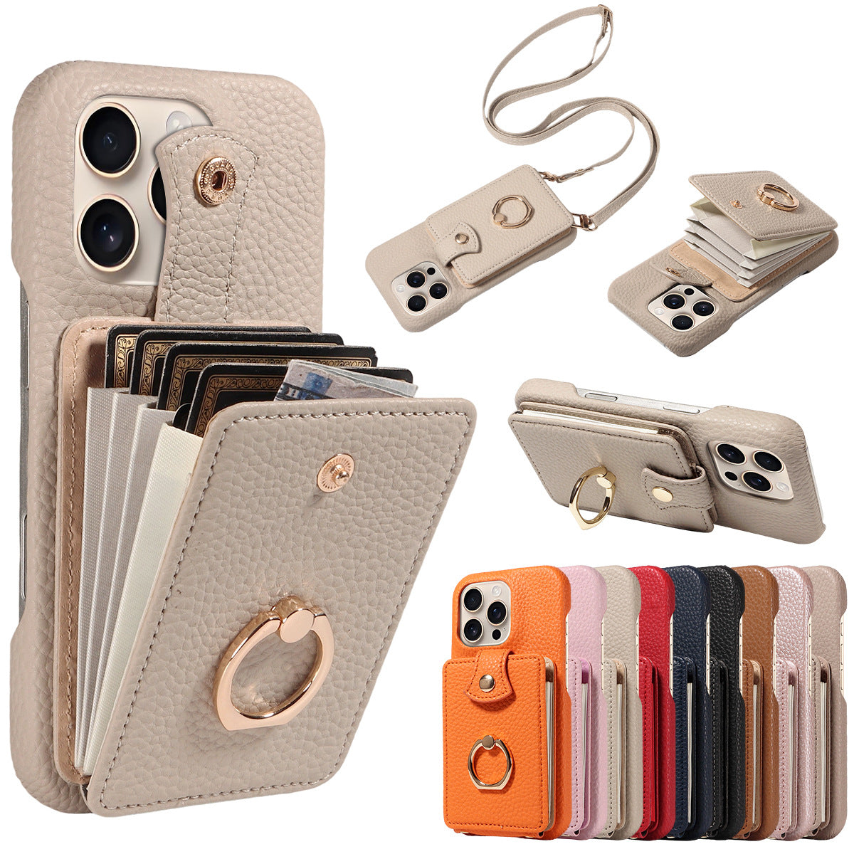 Ring Multi-Functional Faux Leather Accordion Flip for travel - Beige, IPhone 11 option