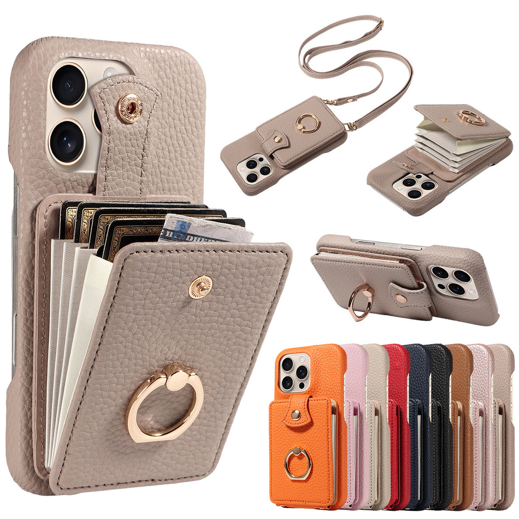 Ring Multi-Functional Faux Leather Accordion Flip for travel - Khaki, IPhone 17 option