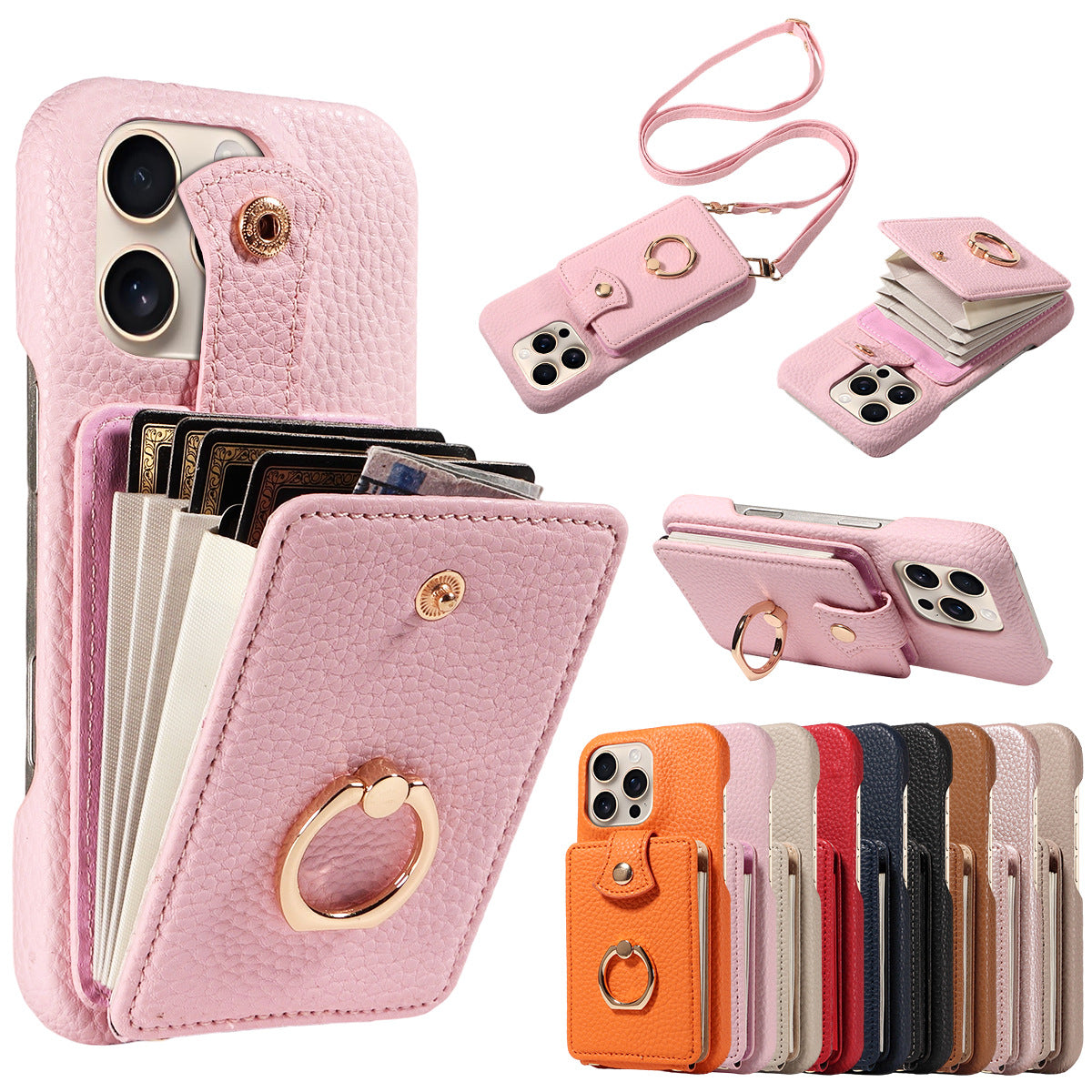 Ring Multi-Functional Faux Leather Accordion Flip for travel - pink, iPhone 13 option