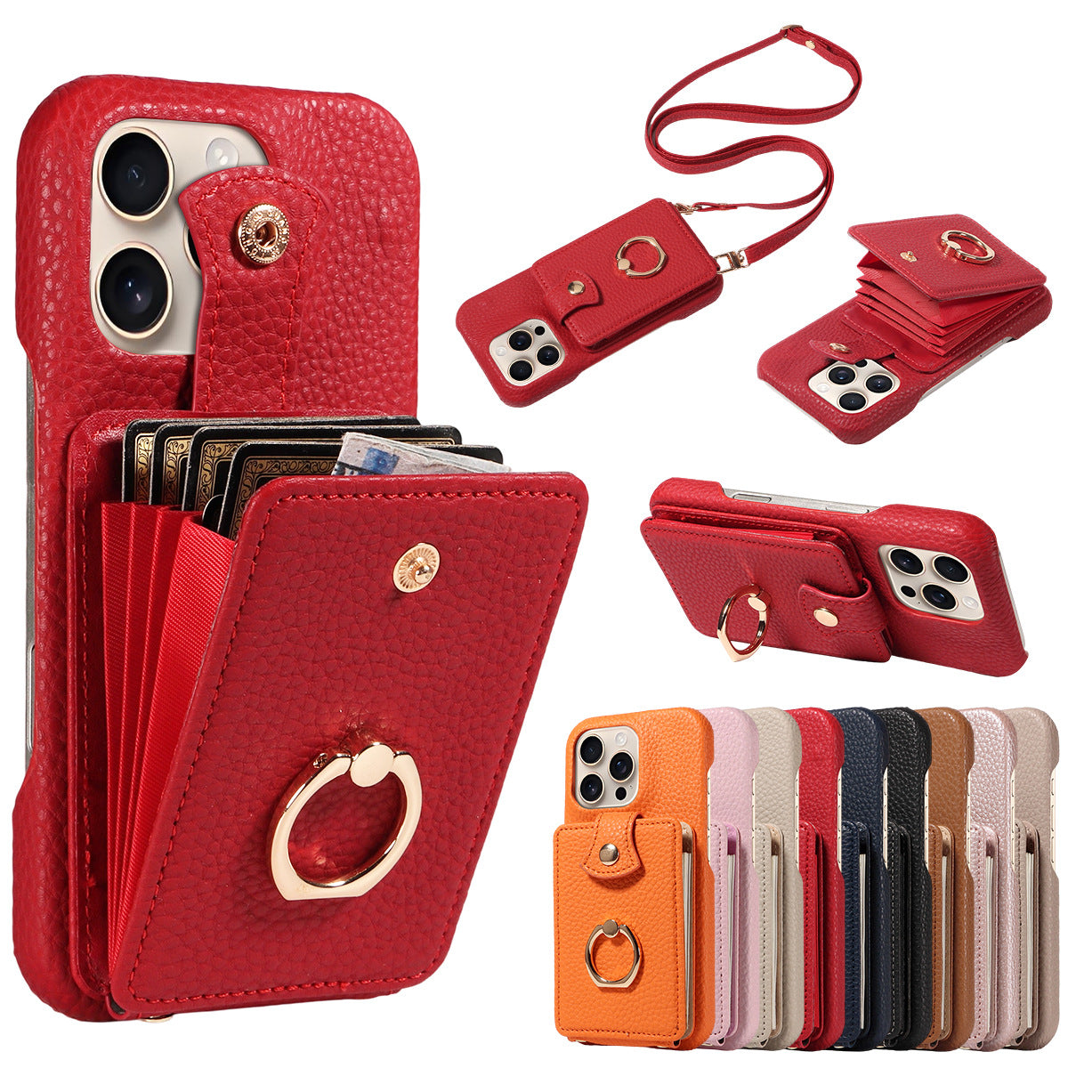 Ring Multi-Functional Faux Leather Accordion Flip for travel - Red, IPhone 17 option