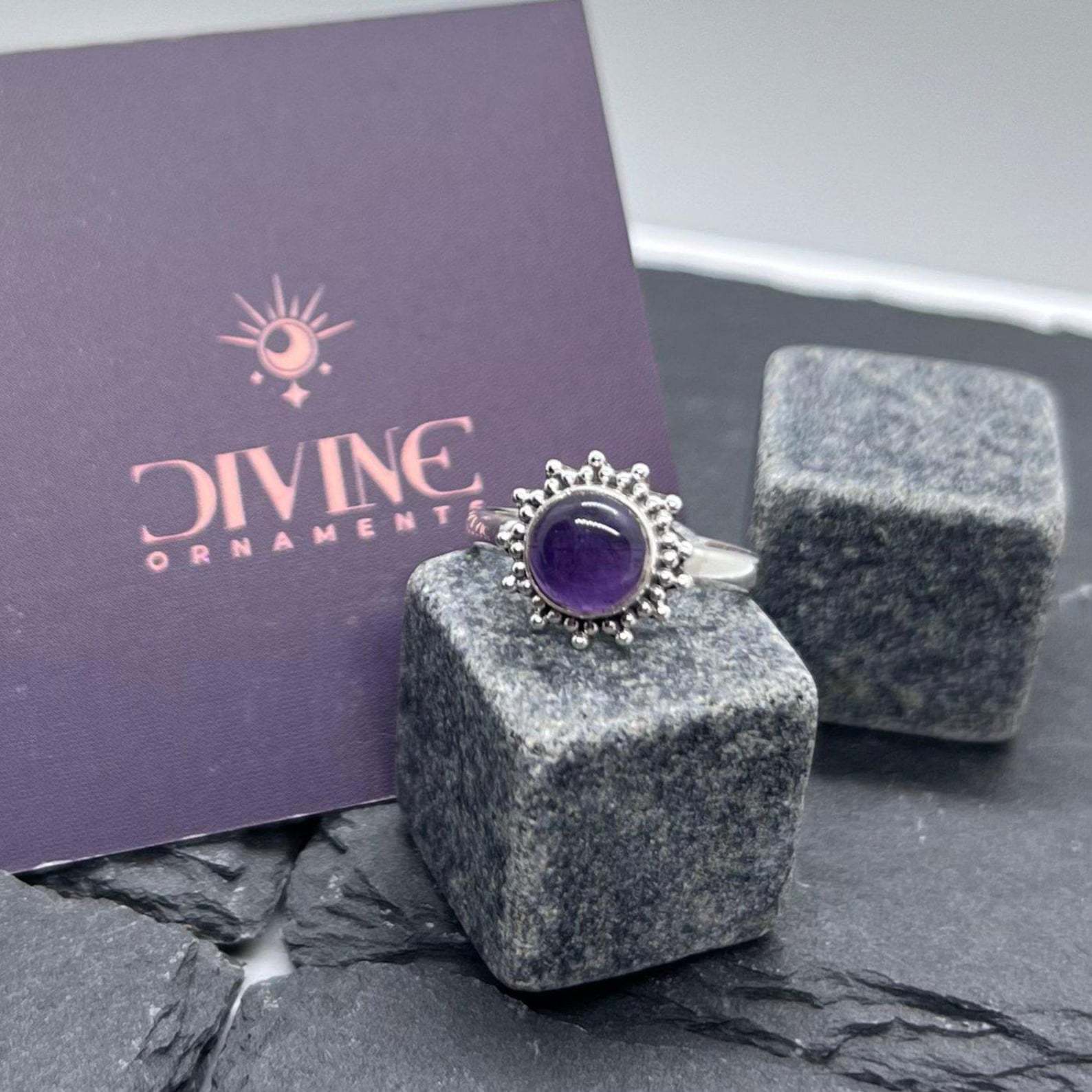 Ring Sterling Silver Gemstone Flower for layering and statement styling - Amethyst, US- 7/ UK- N option
