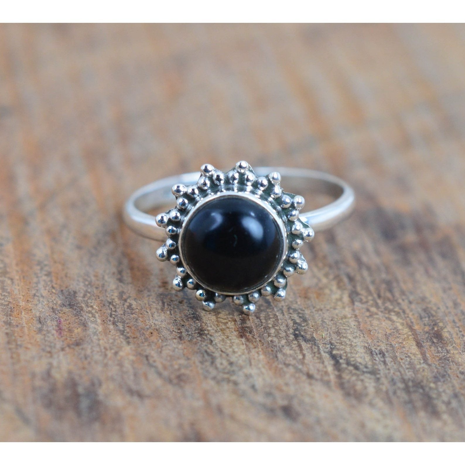 Ring Sterling Silver Gemstone Flower for layering and statement styling - Black Onyx, US- 4/ UK- H option