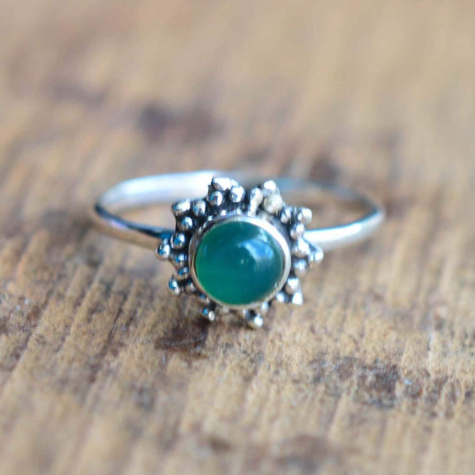 Ring Sterling Silver Gemstone Flower for layering and statement styling - Green Onyx, US- 6/ UK- L option