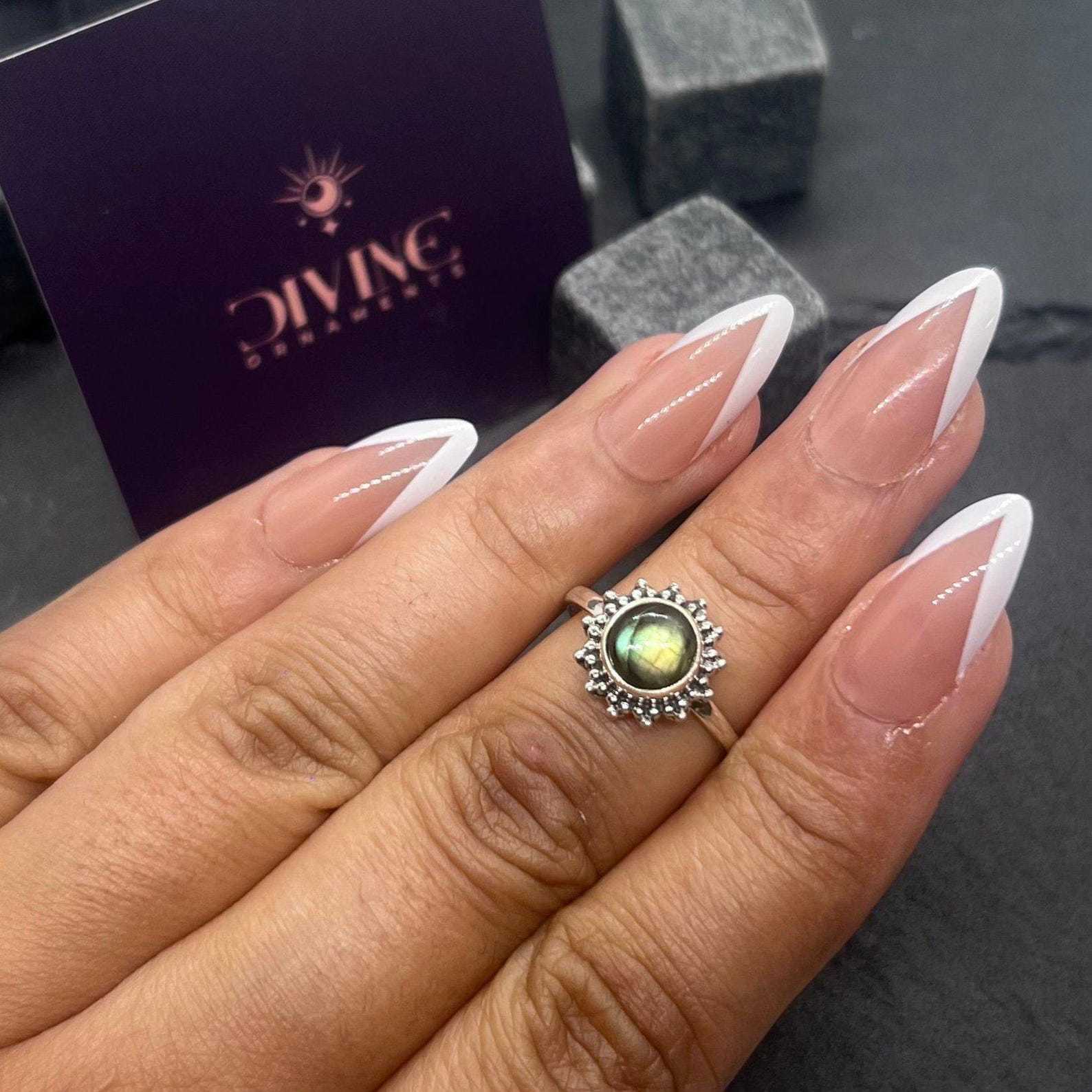 Ring Sterling Silver Gemstone Flower for layering and statement styling - Labradorite, US- 11/ UK- V option