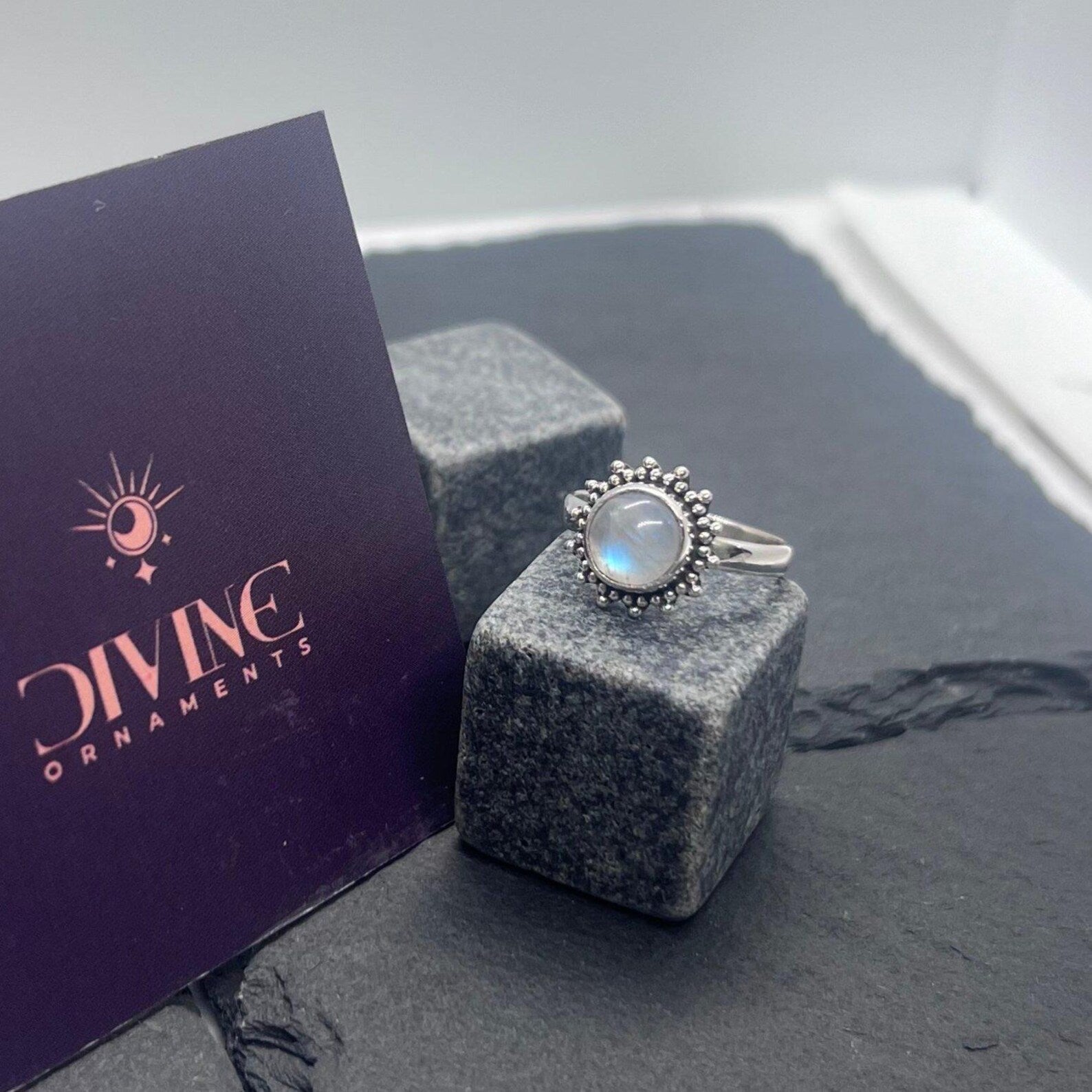 Ring Sterling Silver Gemstone Flower for layering and statement styling - Rainbow Moonstone, US- 5/ UK- J option