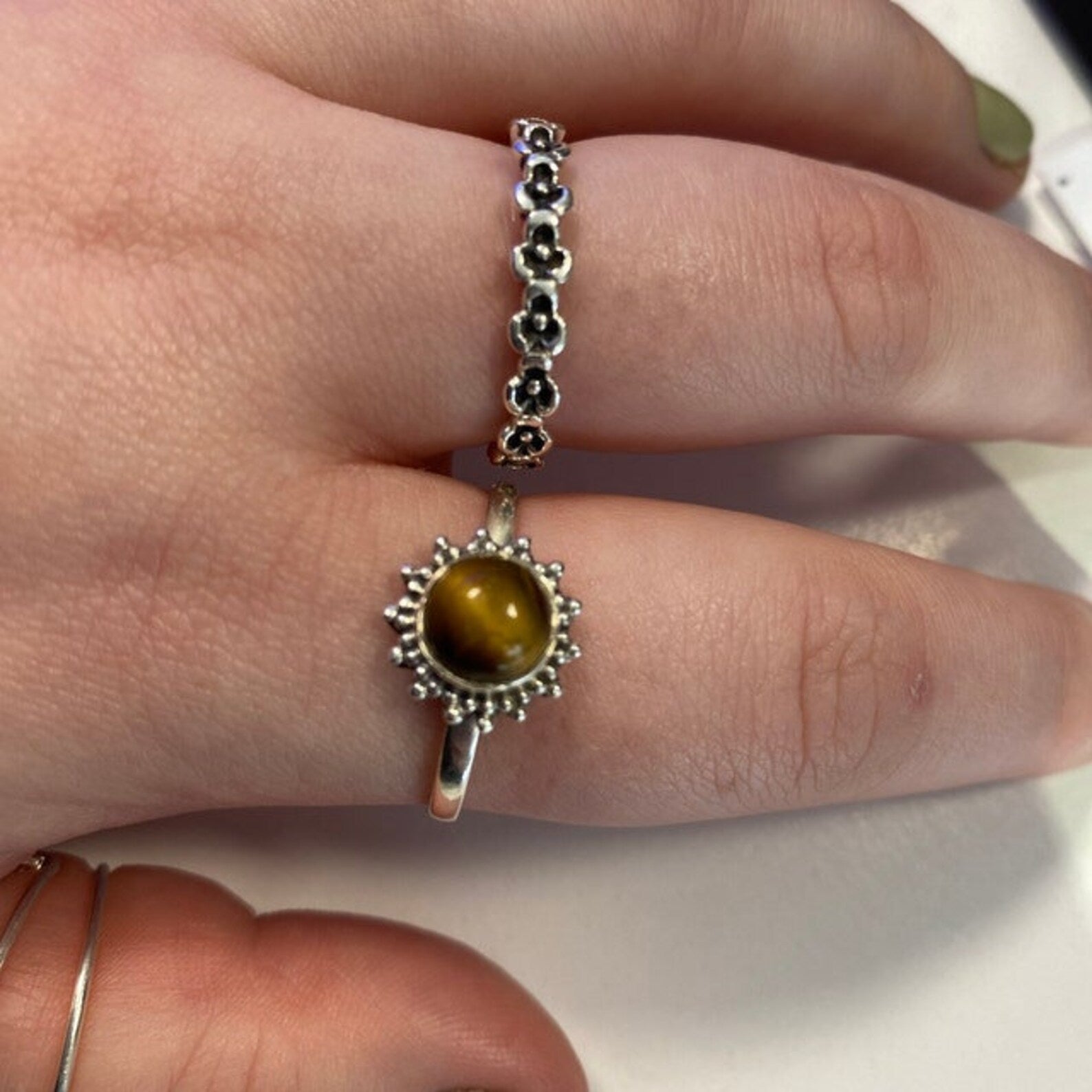 Ring Sterling Silver Gemstone Flower for layering and statement styling - Tiger's Eye, US- 5/ UK- J option