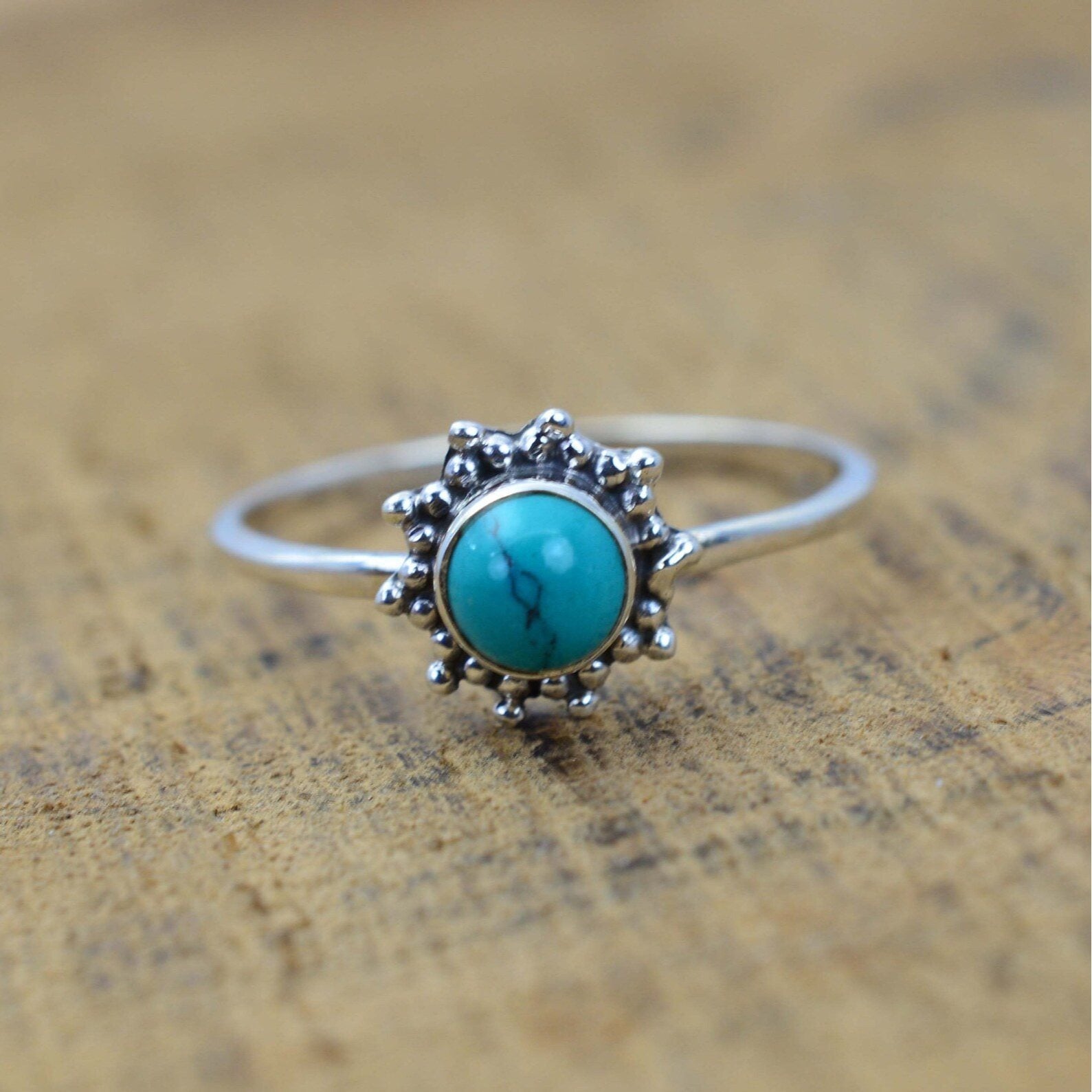 Ring Sterling Silver Gemstone Flower for layering and statement styling - Turquoise, US- 11/ UK- V option