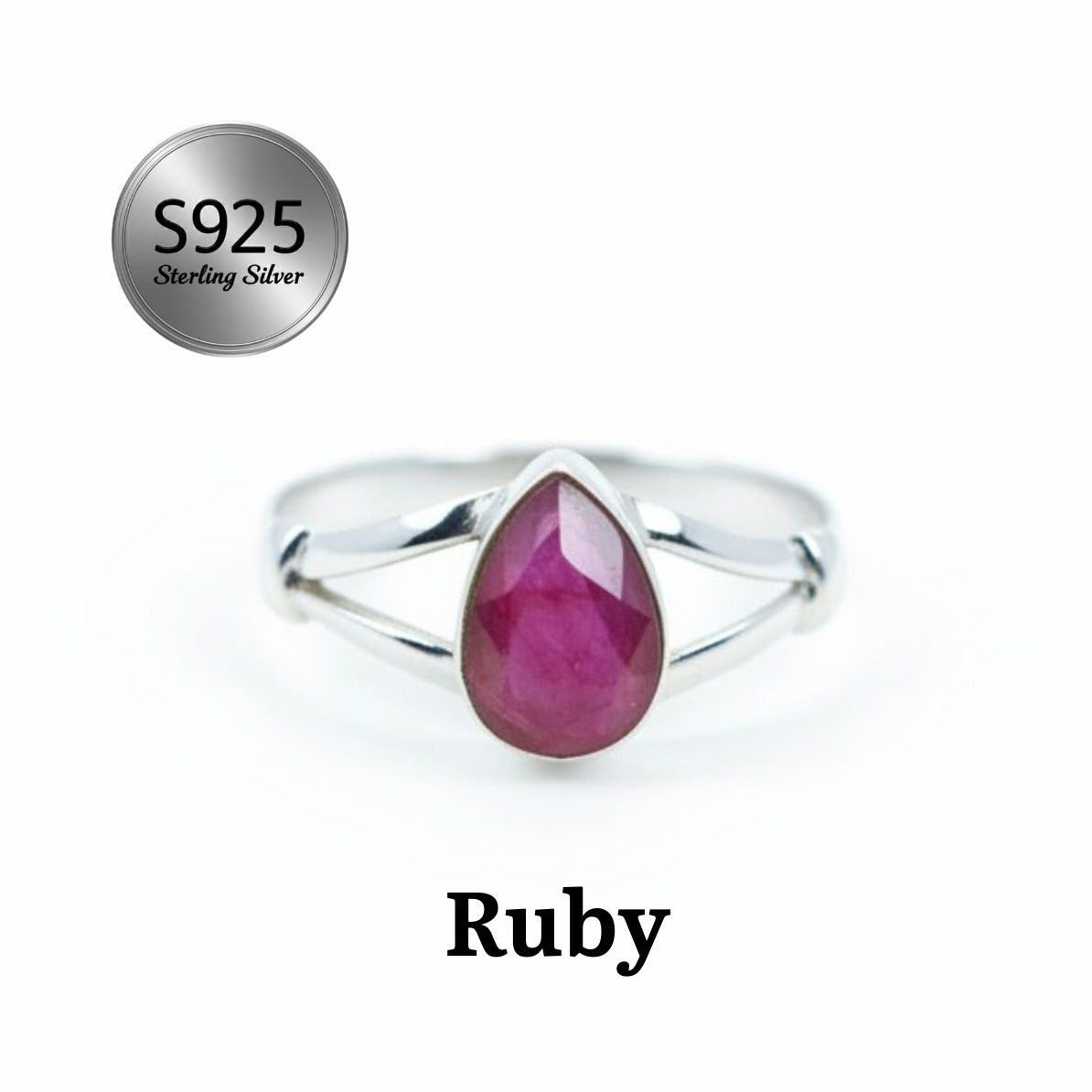 Ring Sterling Silver Teardrop Gemstone for layering and statement styling - Ruby, US- 4/ UK- H option