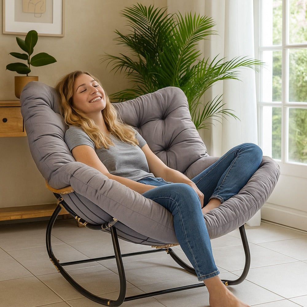 Rocking Chair with Easy Assembly, Metal, Oversized Rattan Egg Cushioned Seat Metal - product gallery image 12