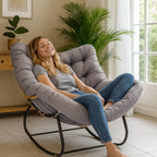 Rocking Chair with Easy Assembly, Metal, Oversized Rattan Egg Cushioned Seat Metal - product gallery image 2
