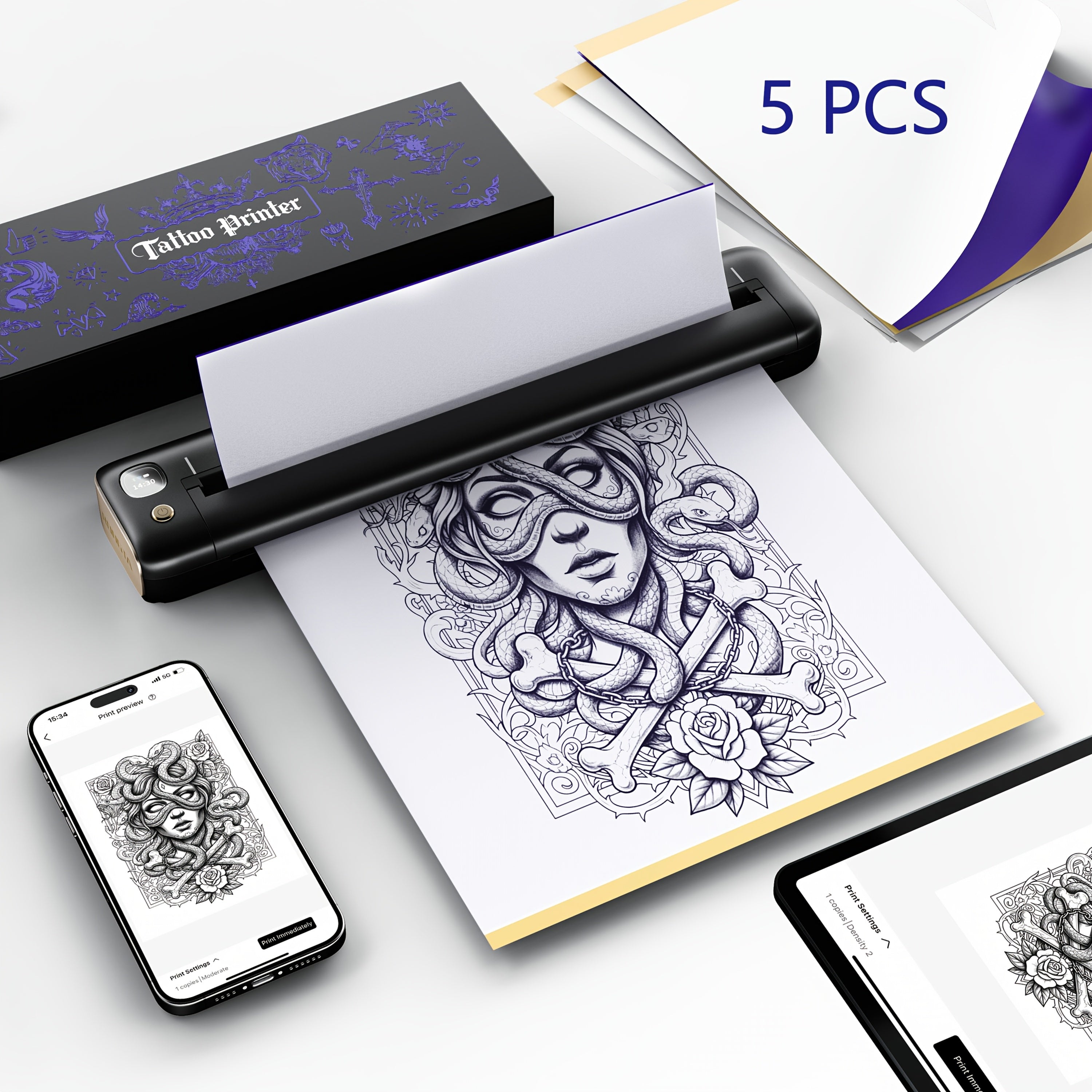 Rongta F81S Portable Printer Kit with Professional Tattoo Stencil Thermal Works IOS - Black option