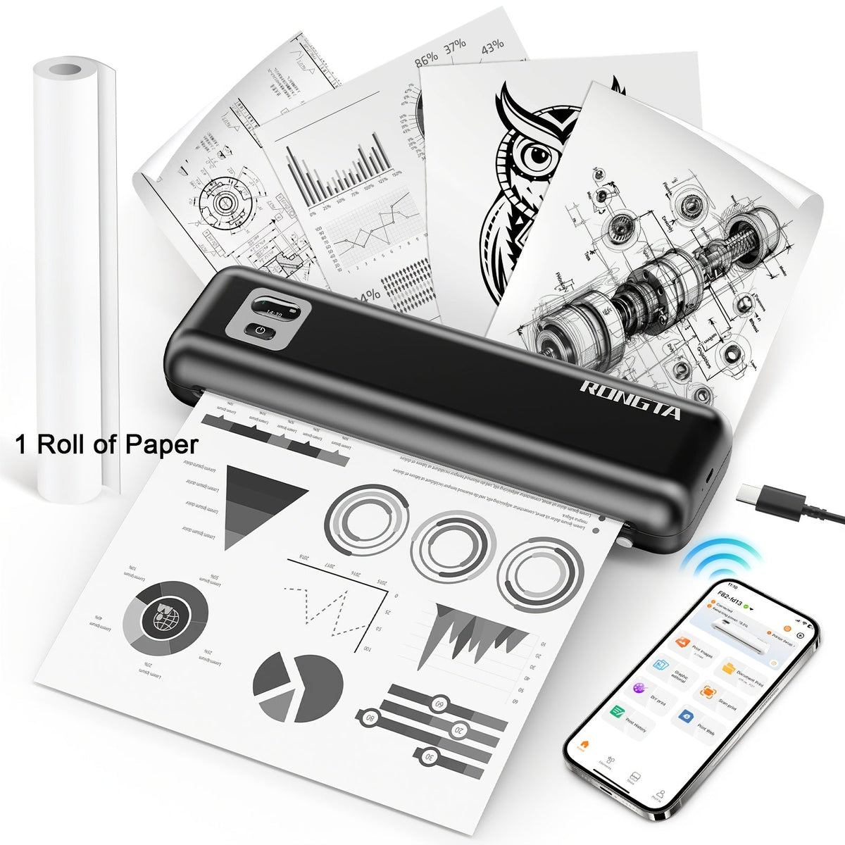 Rongta F82A Portable A4 Thermal Printer with 216Mm, 1 Roll - Black option