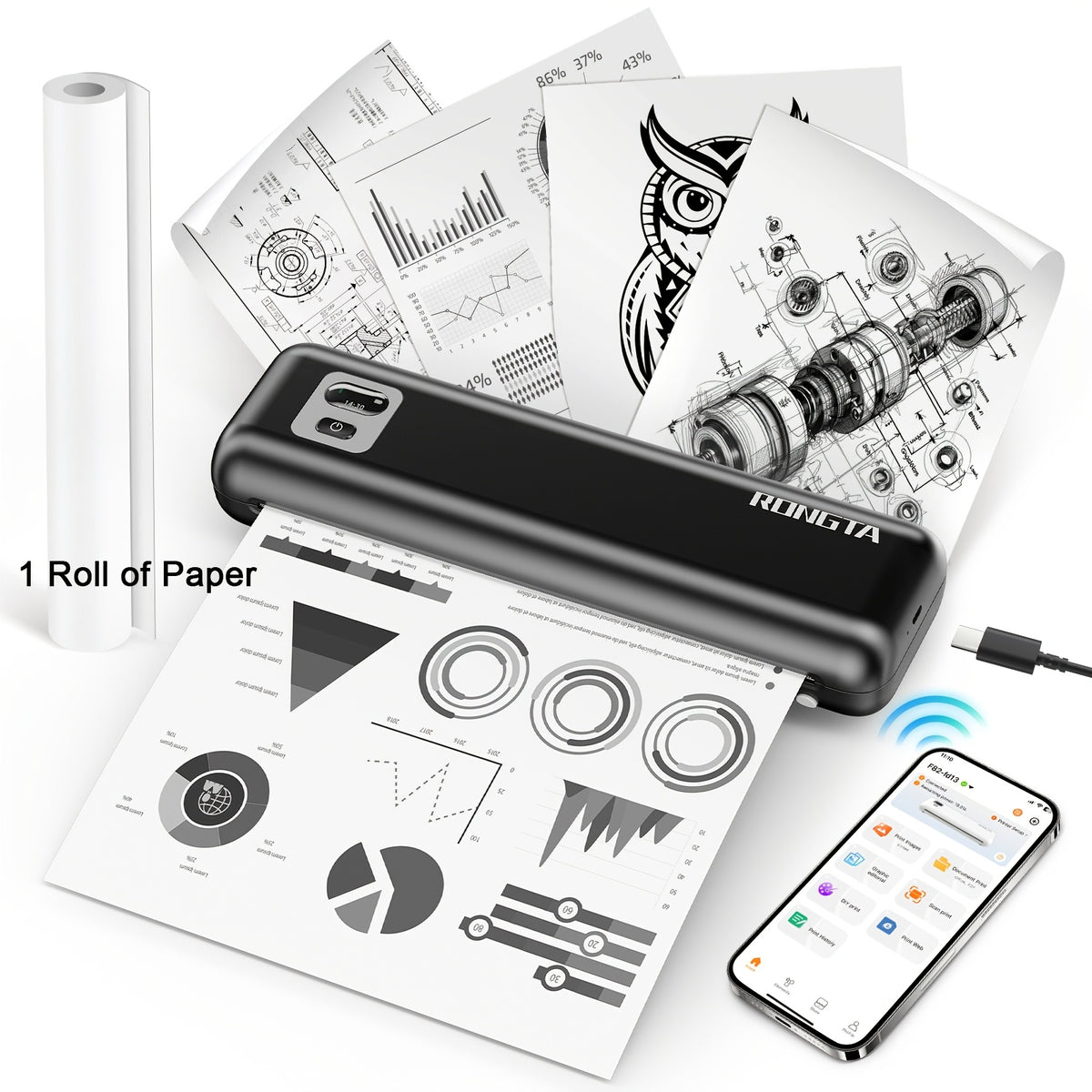 Rongta F82A Portable A4 Thermal Printer with 216Mm, 1 Roll