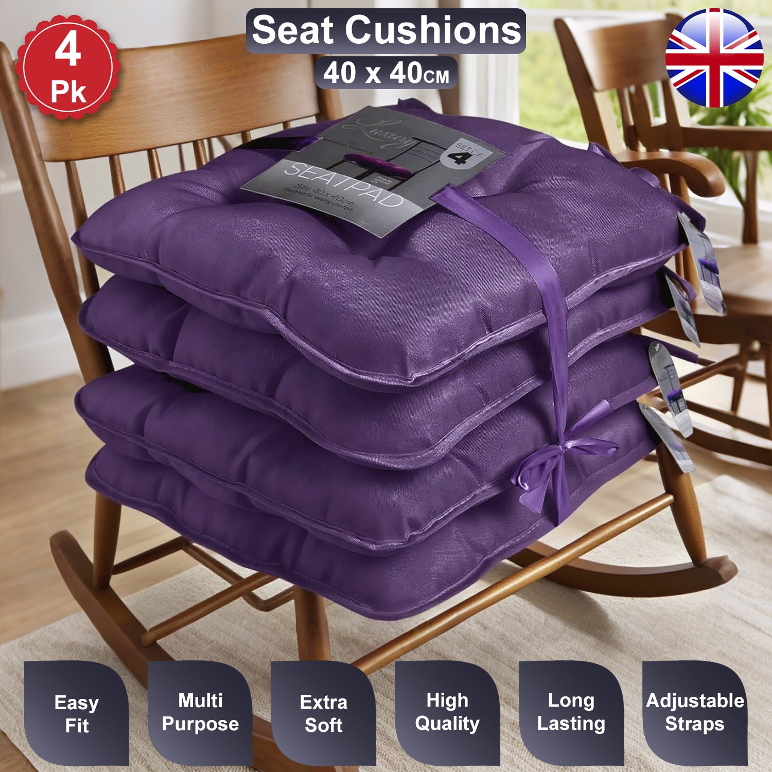 Seat Cushion with 4 Pack, Cushions 40x40cm Tie Fastenings Soft Foam - Aubergine option