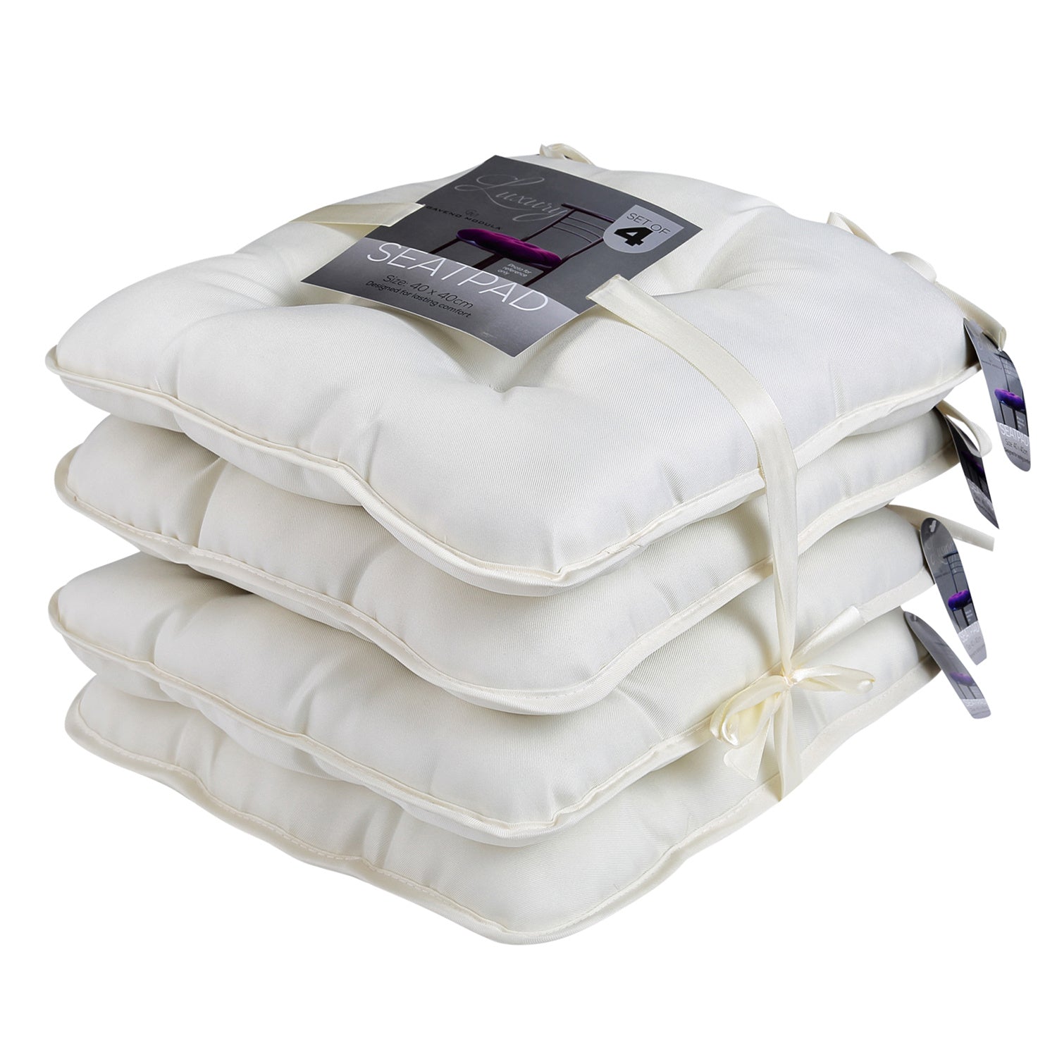 Seat Cushion with 4 Pack, Cushions 40x40cm Tie Fastenings Soft Foam - Cream option