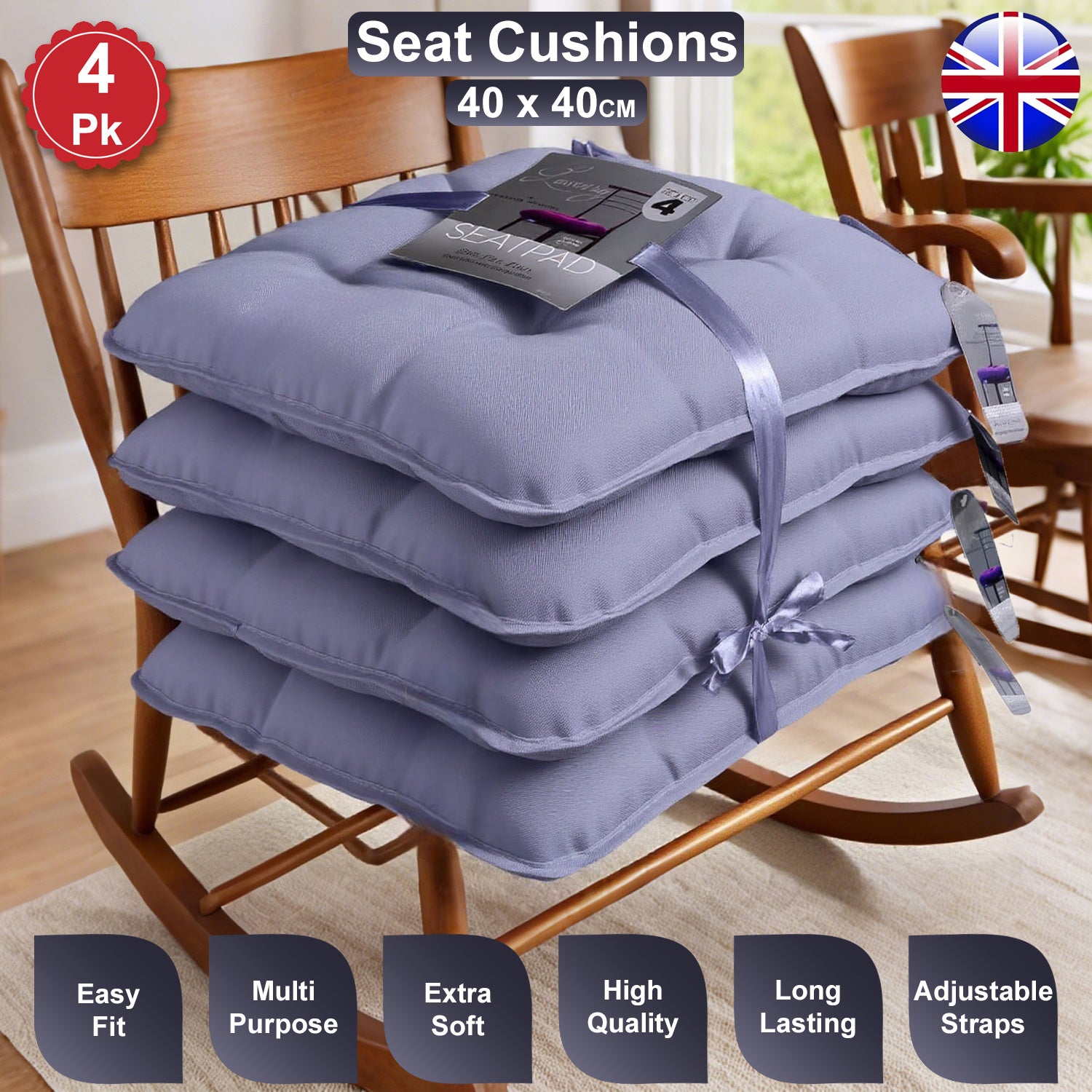 Seat Cushion with 4 Pack, Cushions 40x40cm Tie Fastenings Soft Foam