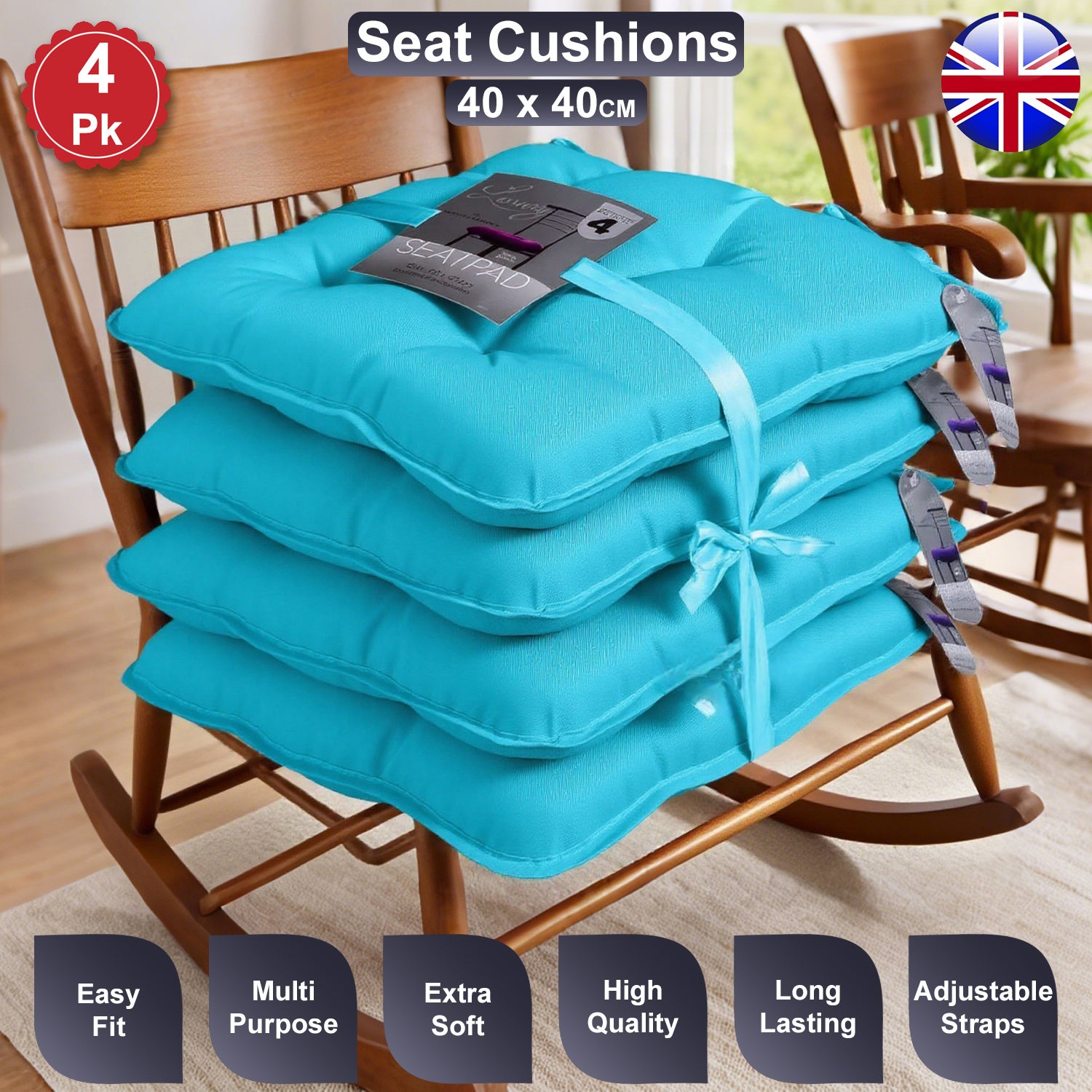 Seat Cushion with 4 Pack, Cushions 40x40cm Tie Fastenings Soft Foam - Teal option