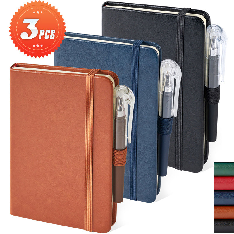 Set of 3 Compact Notebooks with a Pen A6 Mini Notepad Both Men Women - 3PCS-Blue Brown Black option