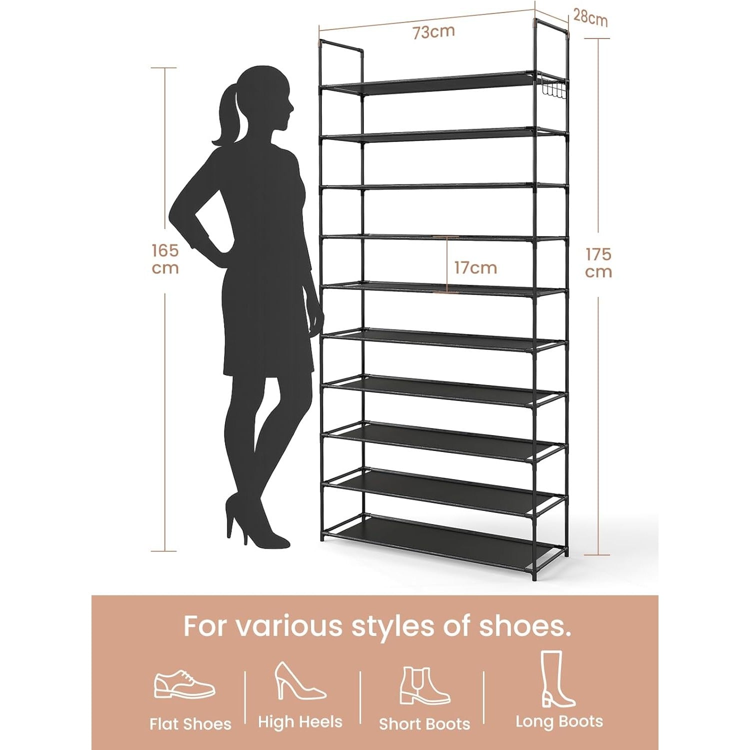 Shoe Rack with Metal, 40 Pairs, Tier Pairs Hooks 73x28x175cm Large Tall - product gallery image 3