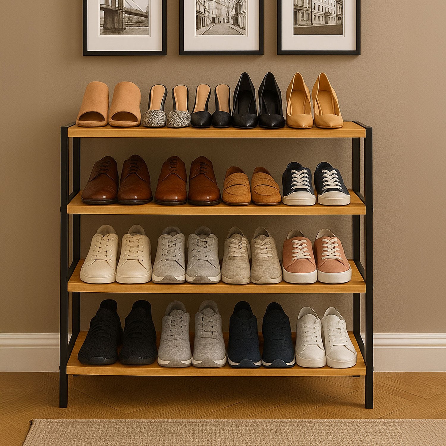Shoe Rack with Metal, Tier Bamboo Slim Hallway Storage Organiser - product gallery image 2