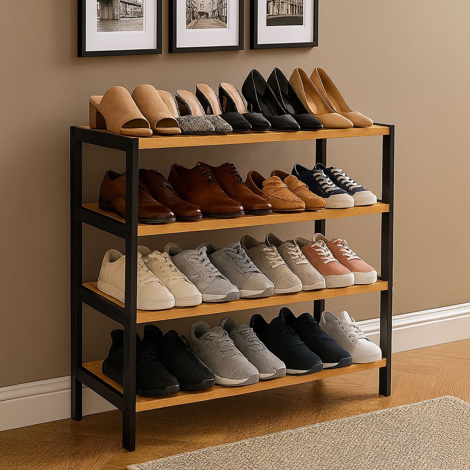 Shoe Rack with Metal, Tier Bamboo Slim Hallway Storage Organiser - product gallery image 3