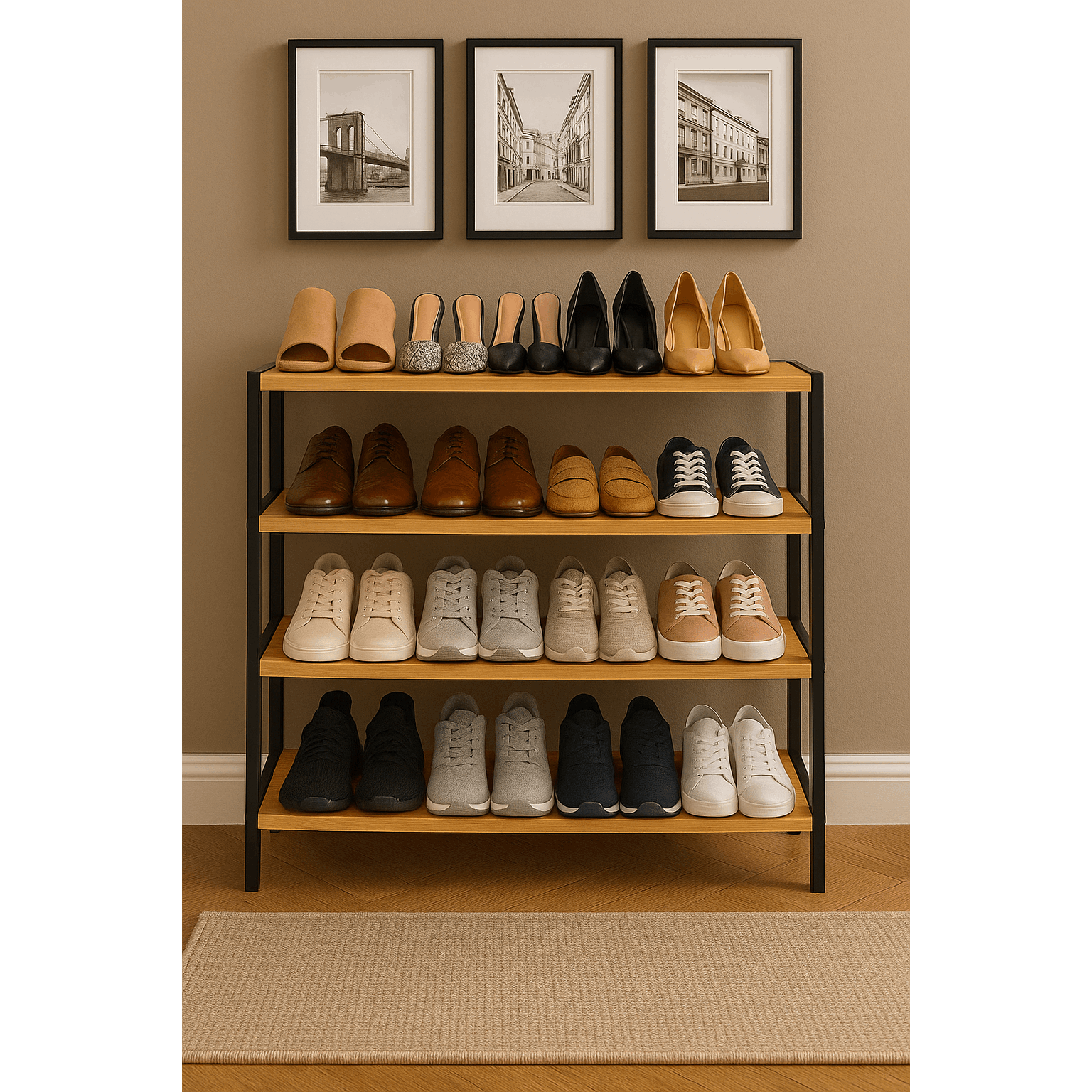 Shoe Rack with Metal, Tier Bamboo Slim Hallway Storage Organiser - product gallery image 7