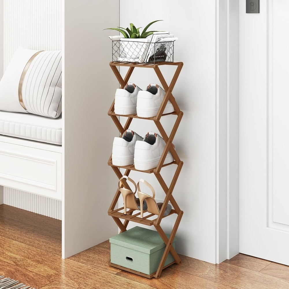 Shoe Rack with Space-Saving, Foldable, Wood, Foldable Bamboo or Tier Narrow Retractable - Brown, 5 Tier option