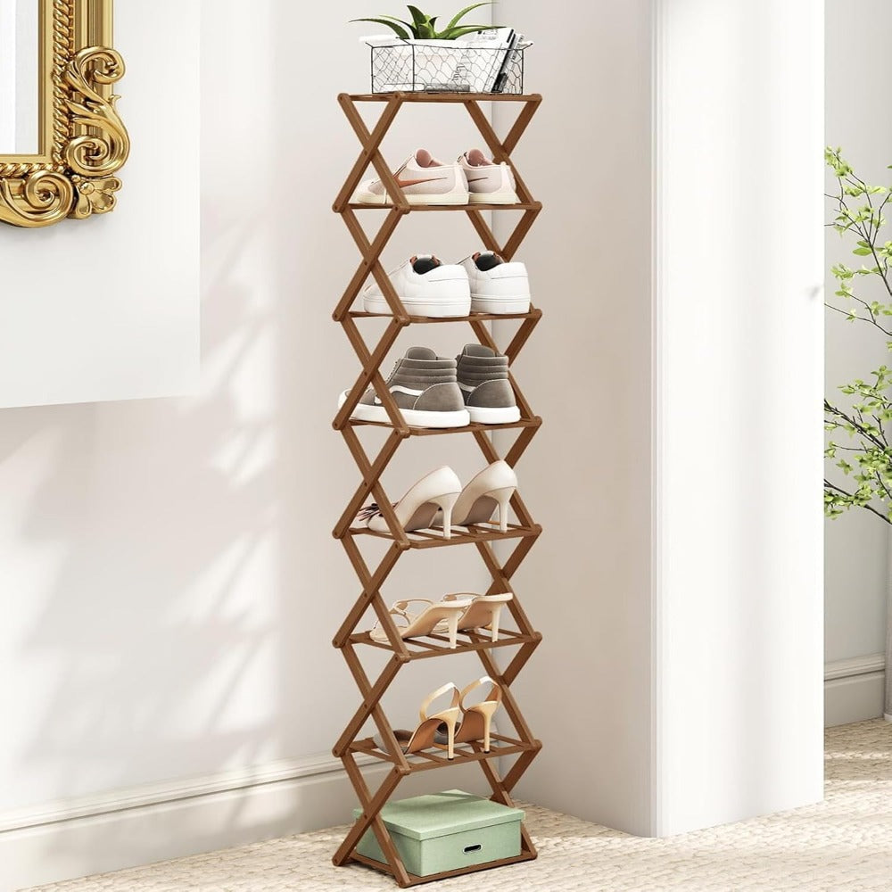 Shoe Rack with Space-Saving, Foldable, Wood, Foldable Bamboo or Tier Narrow Retractable - Brown, 8 Tier option