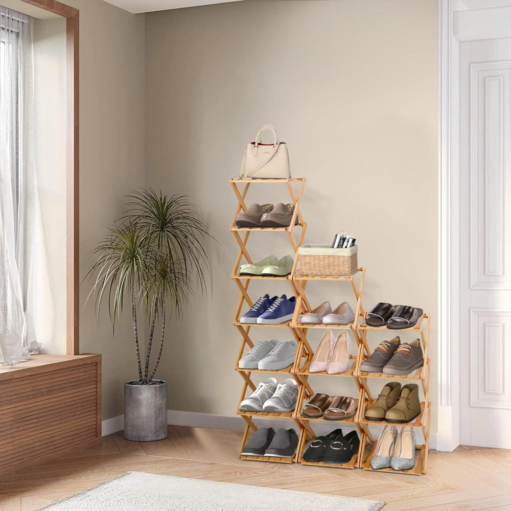 Shoe Rack with Space-Saving, Foldable, Wood, Foldable Bamboo or Tier Narrow Retractable - Wood, 4 Tier option