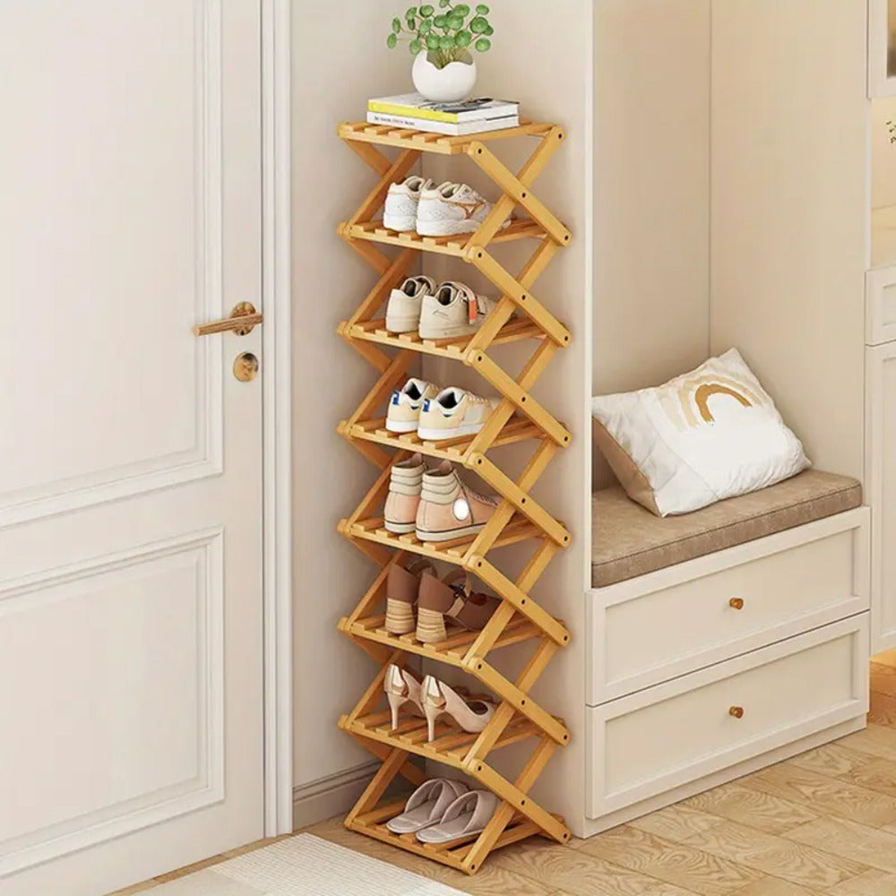 Shoe Rack with Space-Saving, Foldable, Wood, Foldable Bamboo or Tier Narrow Retractable - Wood, 8 Tier option