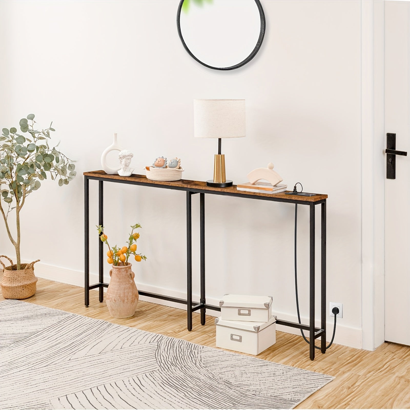 Side Table with 160cm, Console Power Outlet USB Ports Industrial - product gallery image 2