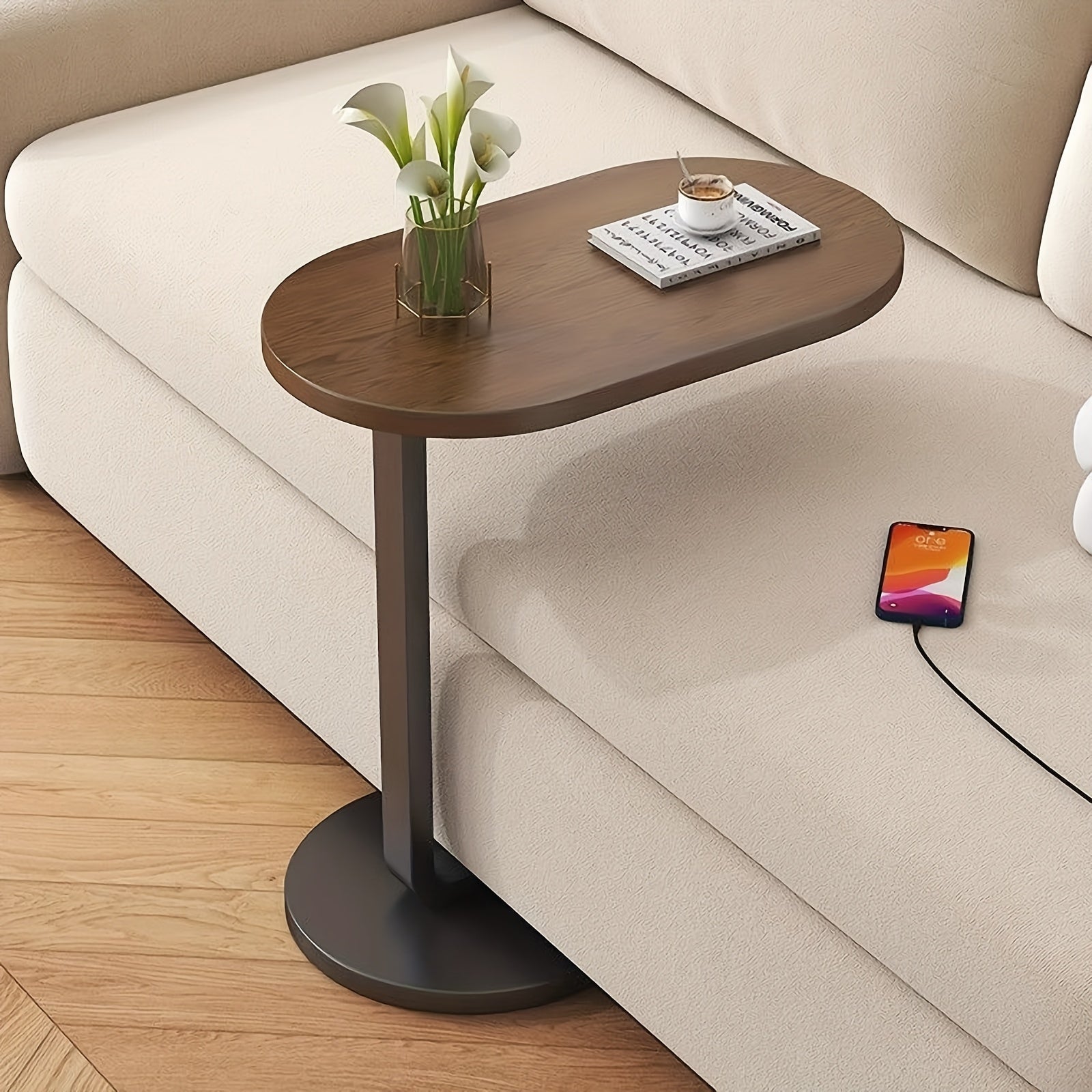 Side Table with 60cm, Metal, C-Shaped Wood Top Metal Frame Slide-Under - product gallery image 2