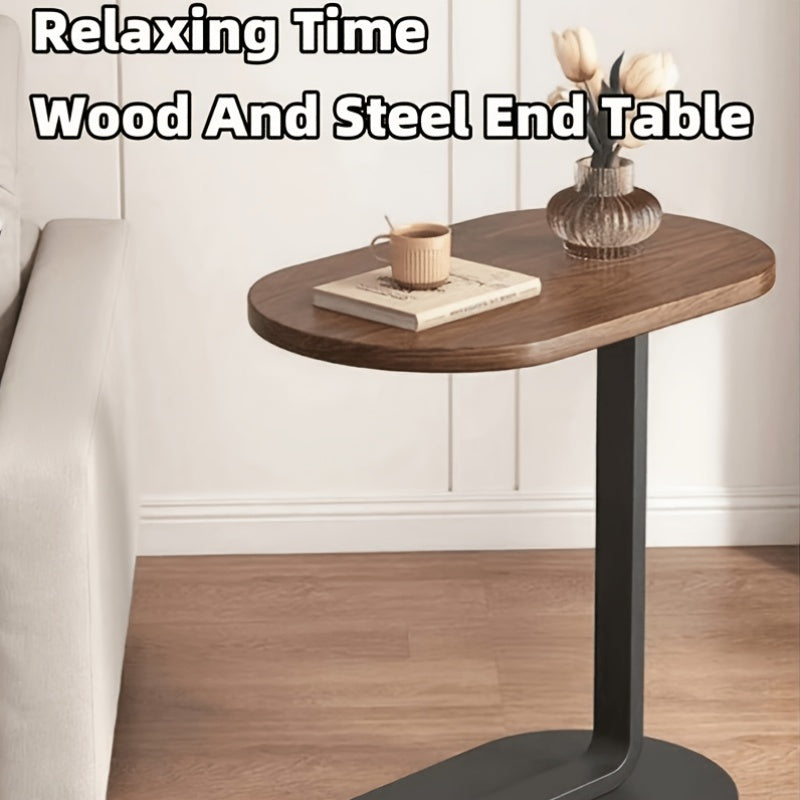 Side Table with 60cm, Metal, C-Shaped Wood Top Metal Frame Slide-Under - product gallery image 3