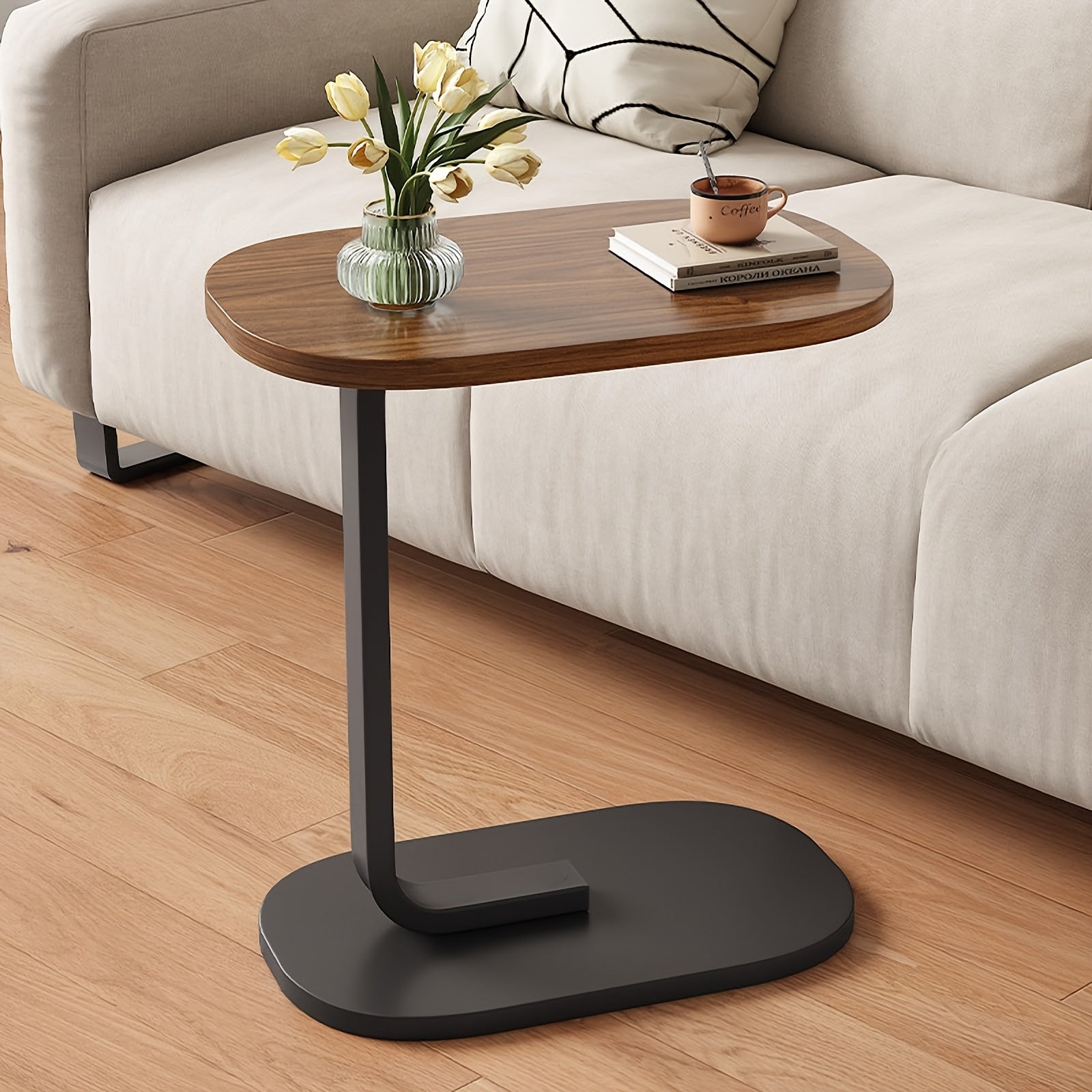 Side Table with 60cm, Metal, C-Shaped Wood Top Metal Frame Slide-Under