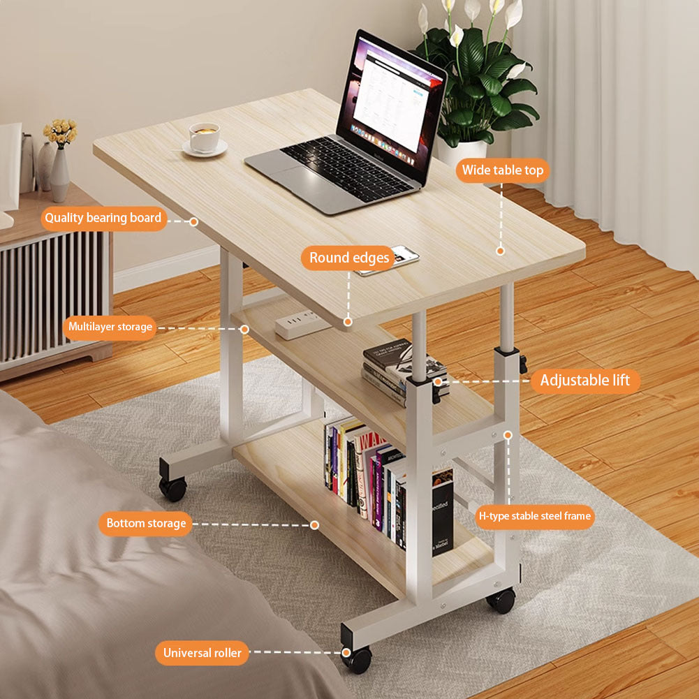 Side Table with Adjustable Height, Wheels, Lockable, Metal - Wood color option